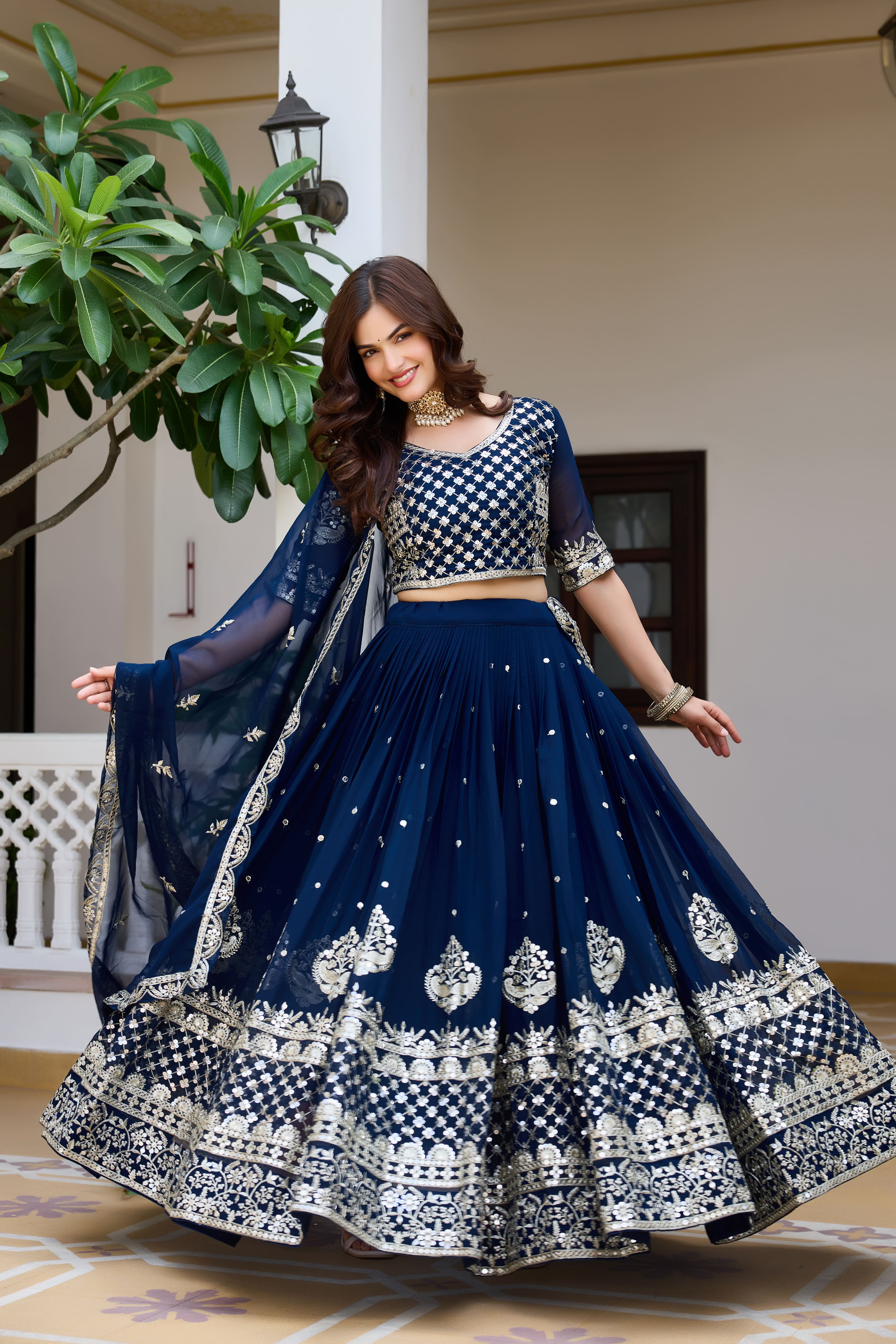Royal Navy Blue Wedding Lehenga Choli with Heavy 7mm Sequin Embroidery & Designer Dupatta