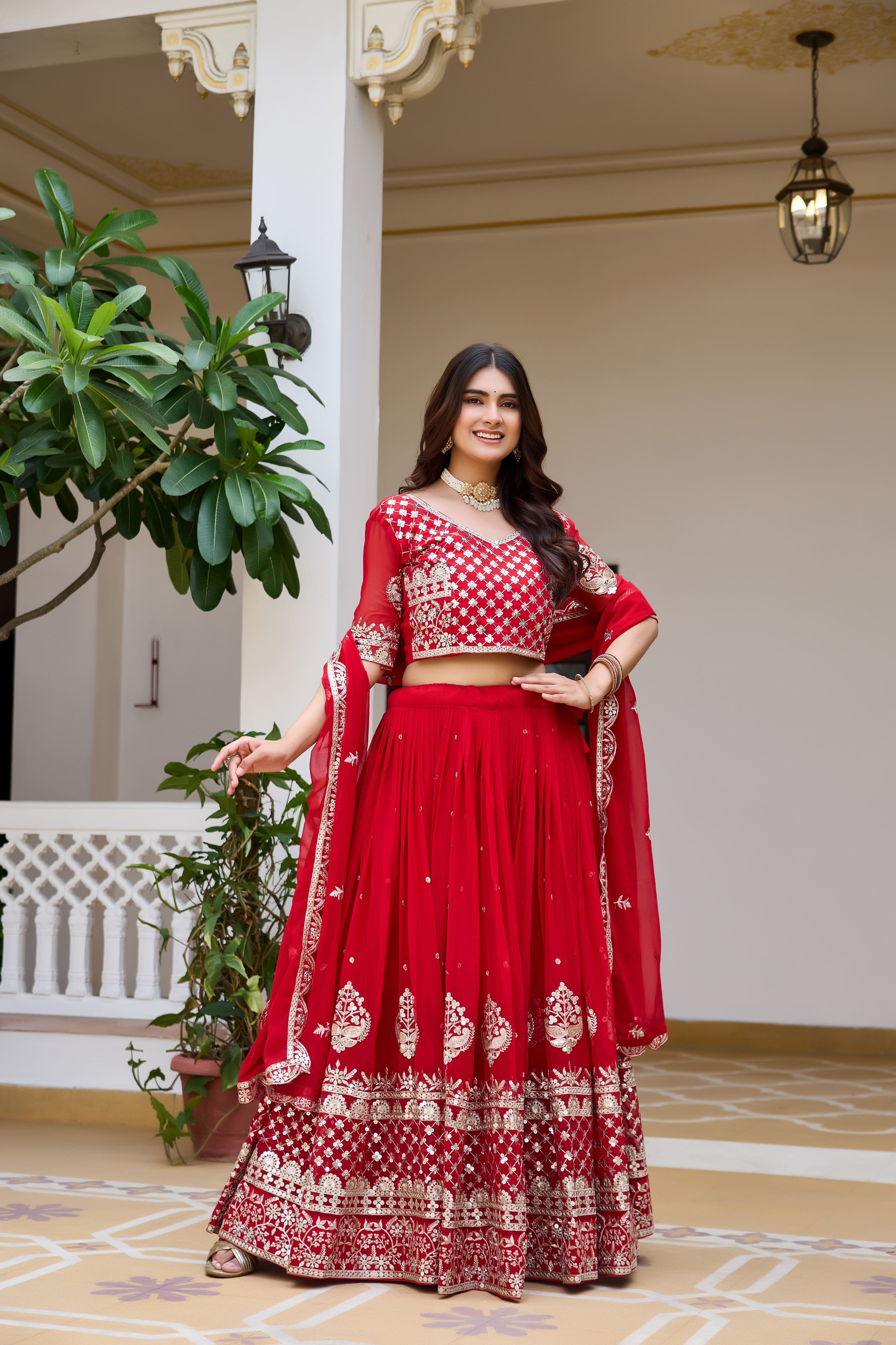 Royal Red Wedding Lehenga Choli with Heavy Sequin Embroidery, Designer Border & Elegant Matching Dupatta
