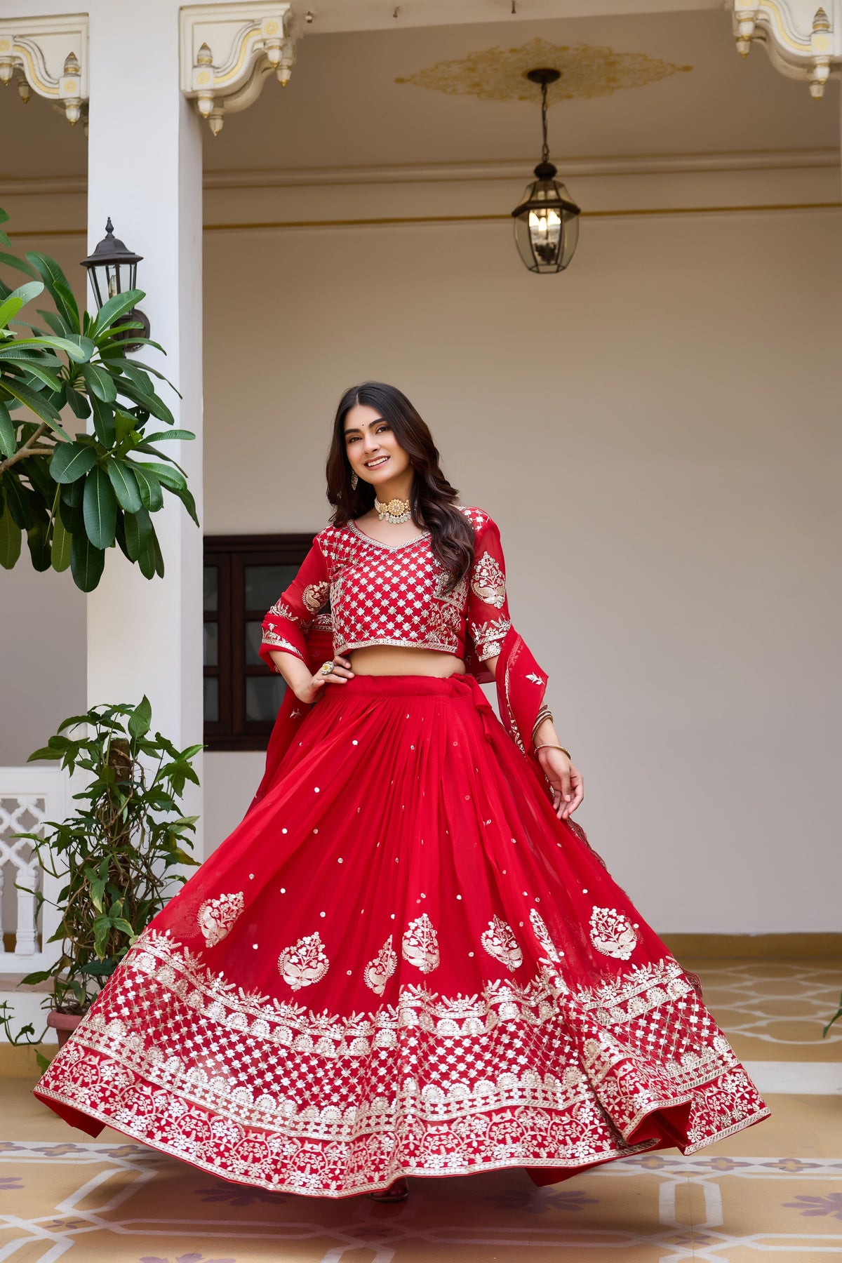 Royal Red Wedding Lehenga Choli with Heavy Sequin Embroidery, Designer Border & Elegant Matching Dupatta