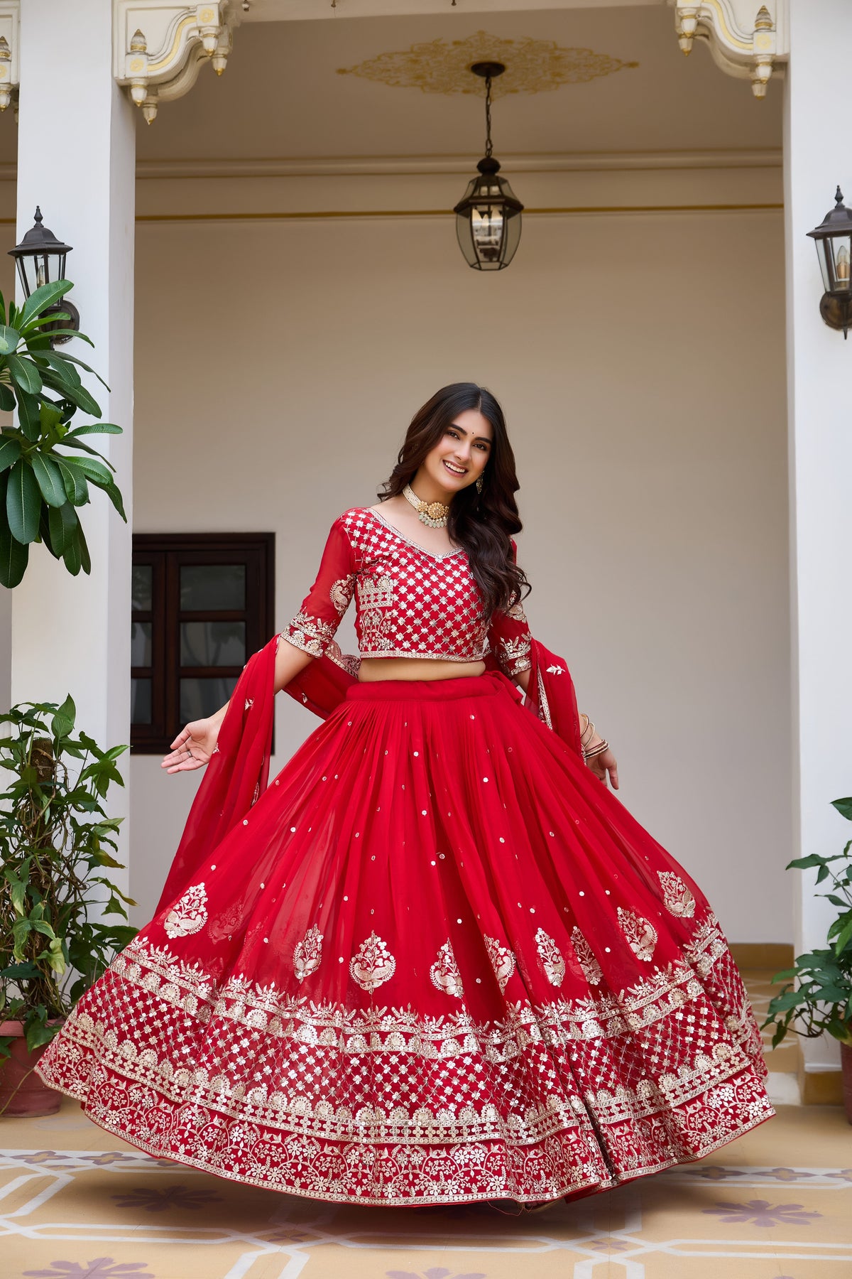 Royal Red Wedding Lehenga Choli with Heavy Sequin Embroidery, Designer Border & Elegant Matching Dupatta