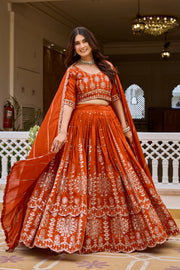 Rust Orange Designer Lehenga Choli with Heavy 7mm Sequin Embroidery & Embellished Dupatta