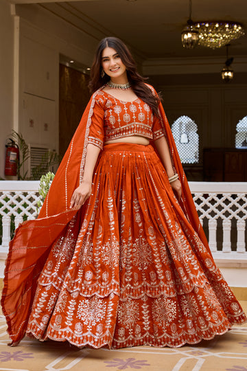 Rust Orange Designer Lehenga Choli with Heavy 7mm Sequin Embroidery & Embellished Dupatta