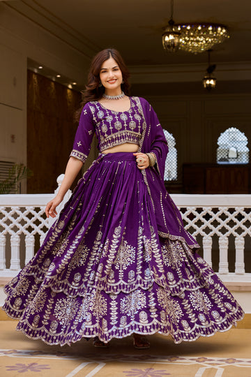 Wedding Special Designer Purple Lehenga Choli with Heavy 7MM Sequin Embroidery & 3.5 Meter Flair
