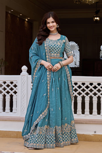 Elegant Teal Blue Wedding Lehenga Choli Set with Heavy Sequin Embroidery, Intricate Floral Work & Designer Dupatta Border