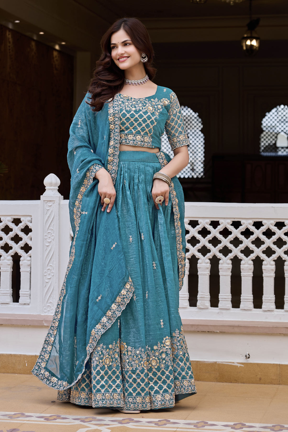 Elegant Teal Blue Wedding Lehenga Choli Set with Heavy Sequin Embroidery, Intricate Floral Work & Designer Dupatta Border