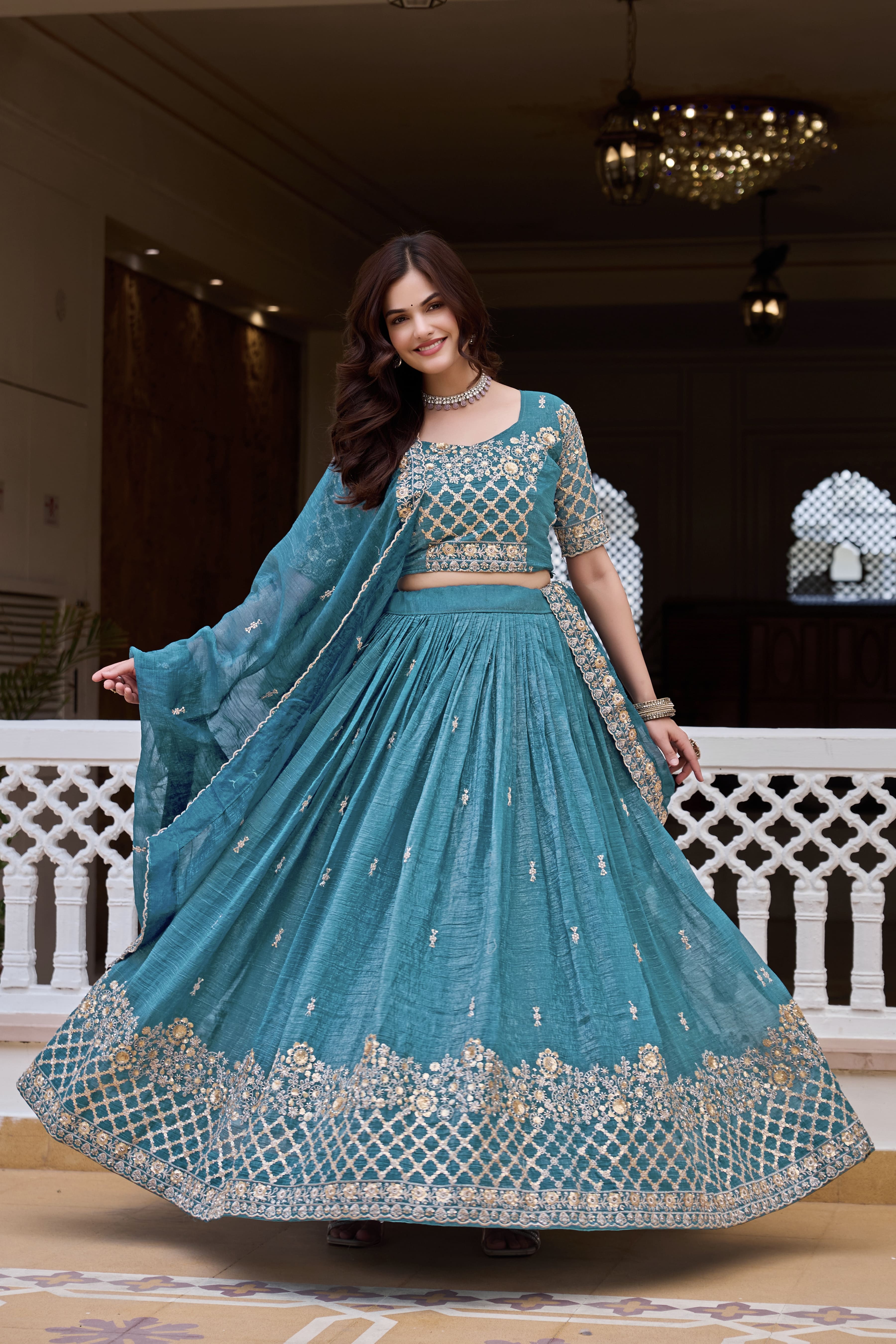 Elegant Teal Blue Wedding Lehenga Choli Set with Heavy Sequin Embroidery, Intricate Floral Work & Designer Dupatta Border