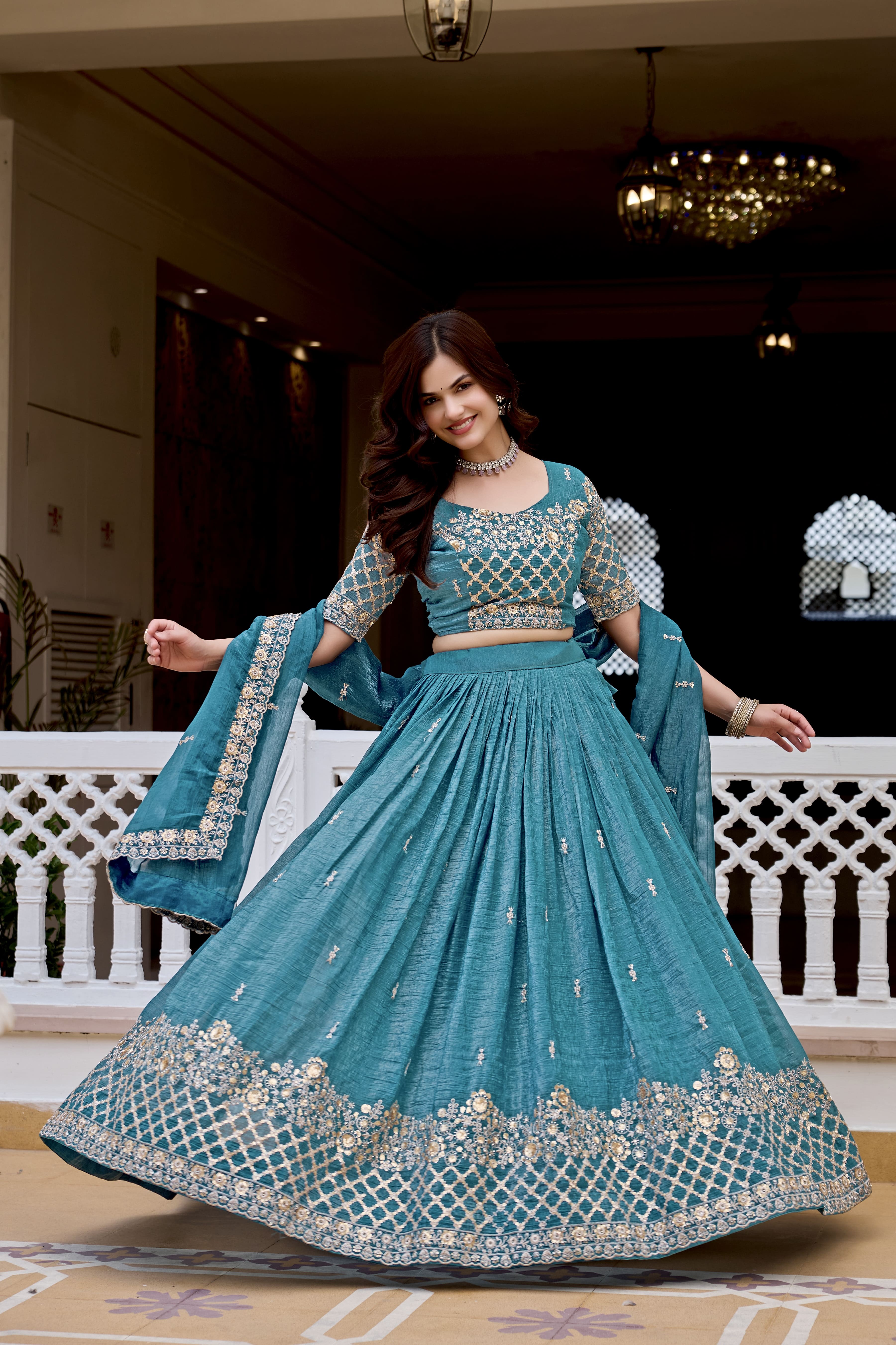 Elegant Teal Blue Wedding Lehenga Choli Set with Heavy Sequin Embroidery, Intricate Floral Work & Designer Dupatta Border