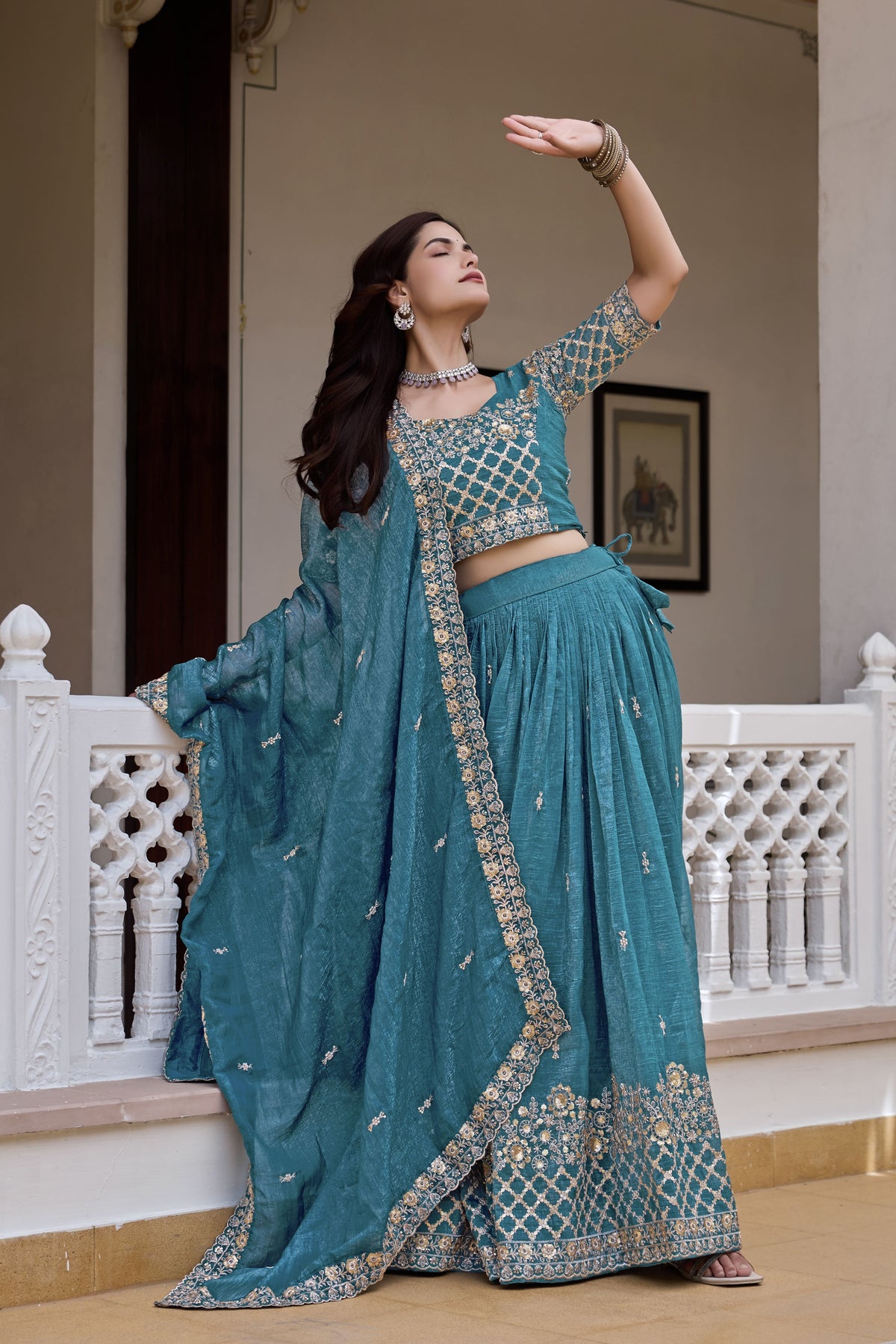 Elegant Teal Blue Wedding Lehenga Choli Set with Heavy Sequin Embroidery, Intricate Floral Work & Designer Dupatta Border