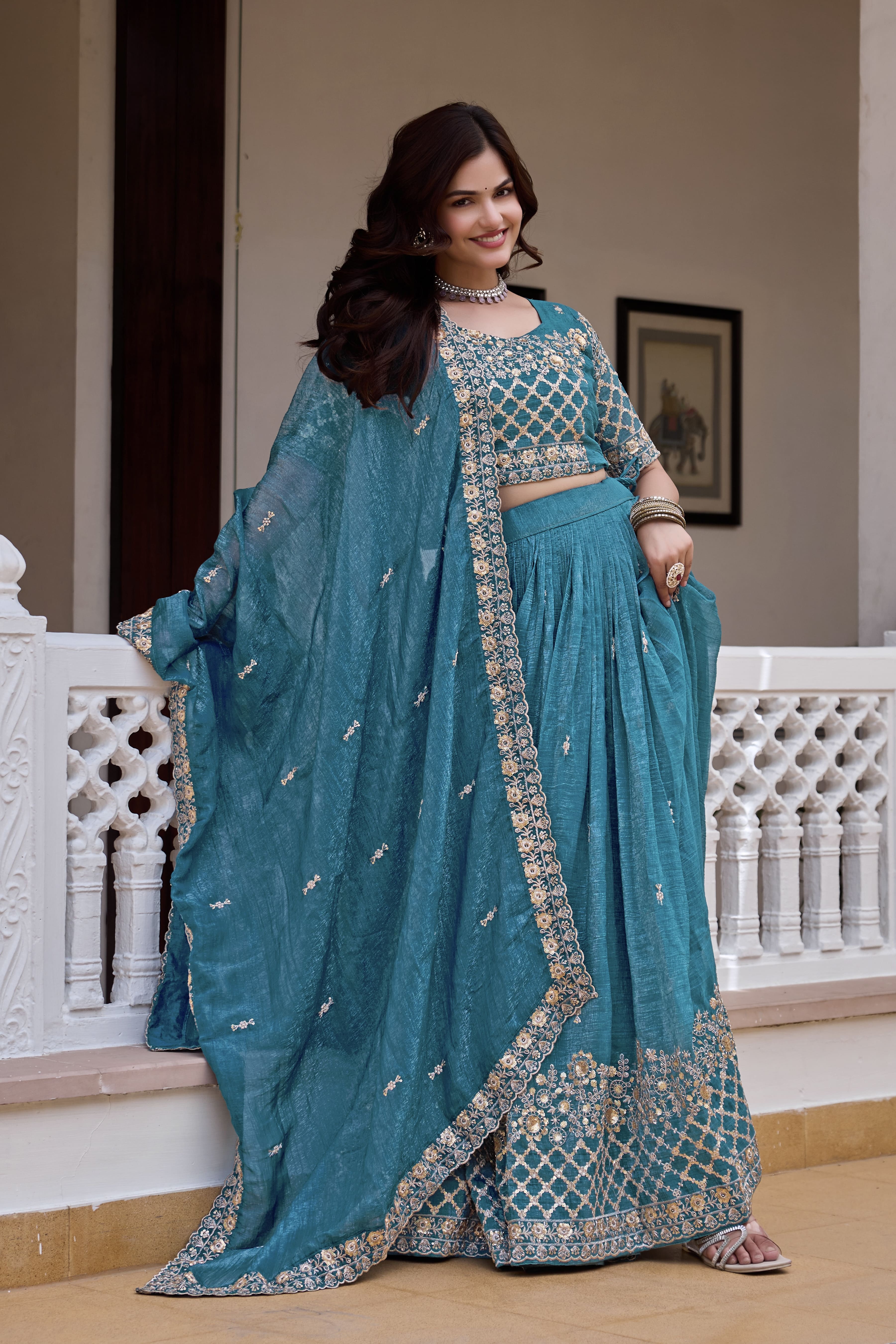 Elegant Teal Blue Wedding Lehenga Choli Set with Heavy Sequin Embroidery, Intricate Floral Work & Designer Dupatta Border