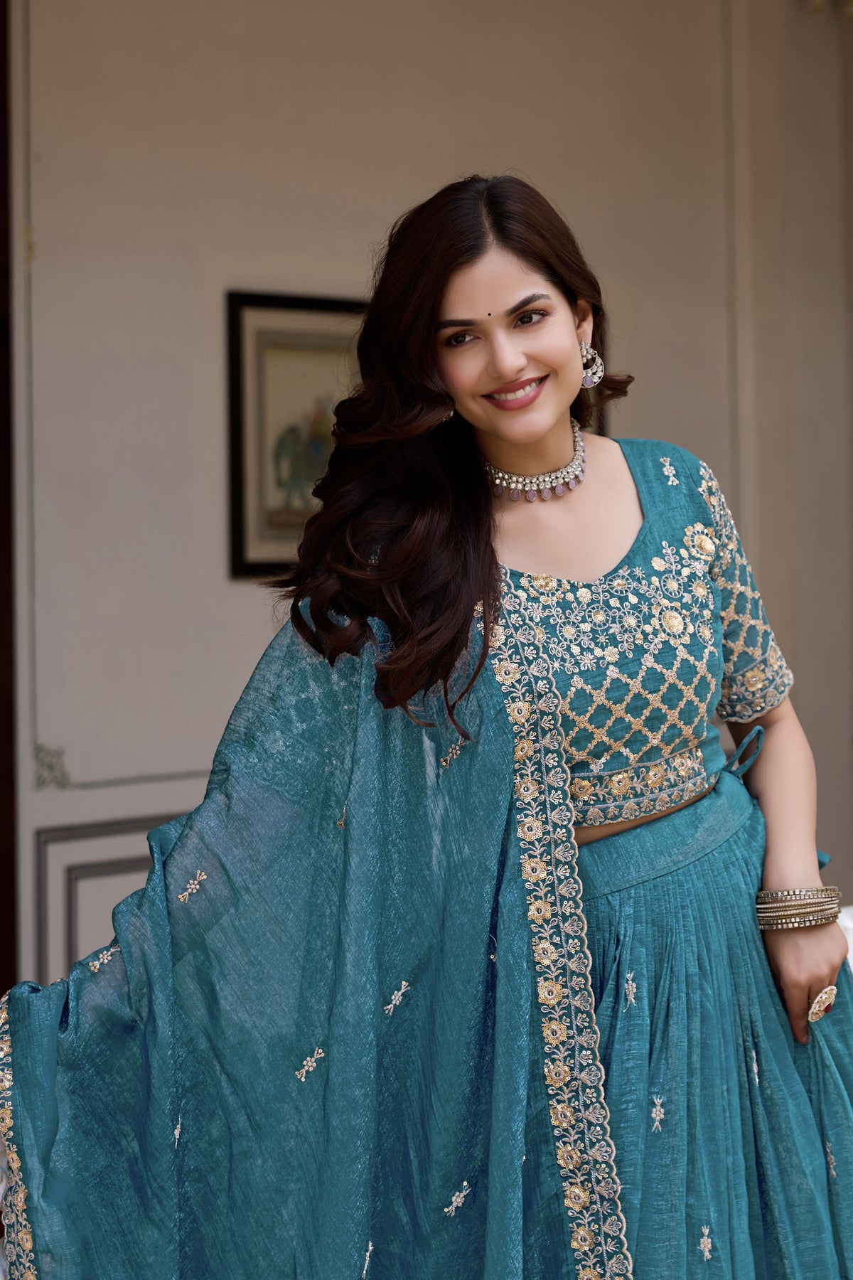 Elegant Teal Blue Wedding Lehenga Choli Set with Heavy Sequin Embroidery, Intricate Floral Work & Designer Dupatta Border