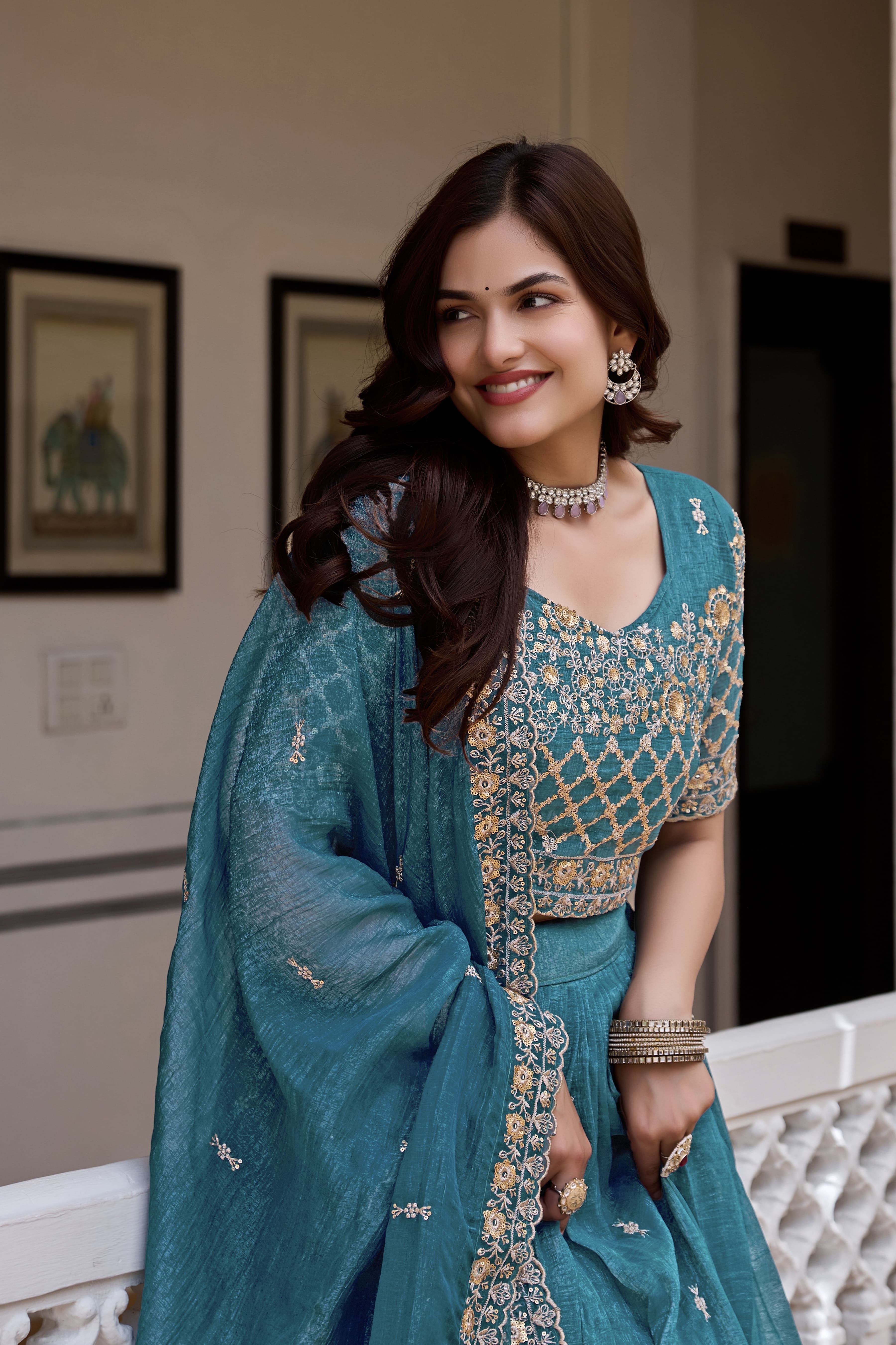 Elegant Teal Blue Wedding Lehenga Choli Set with Heavy Sequin Embroidery, Intricate Floral Work & Designer Dupatta Border