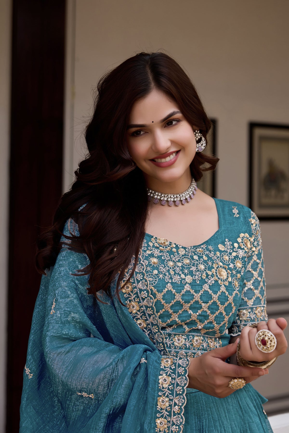 Elegant Teal Blue Wedding Lehenga Choli Set with Heavy Sequin Embroidery, Intricate Floral Work & Designer Dupatta Border