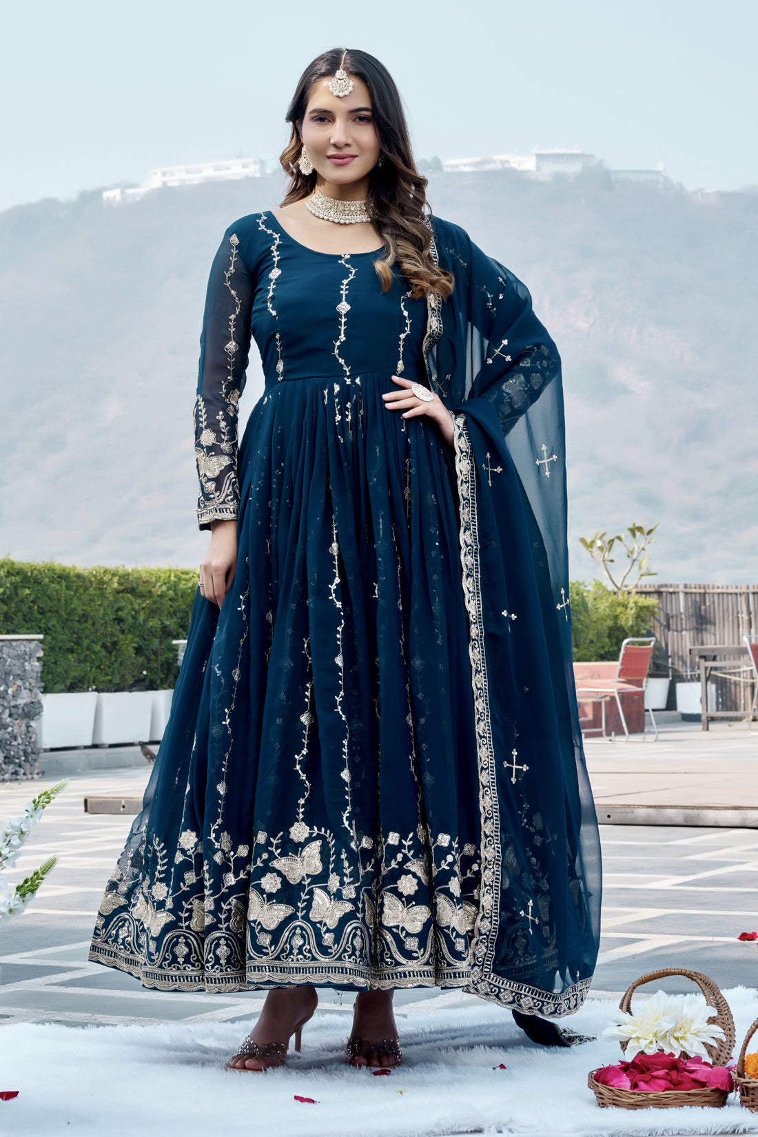 Royal Navy Blue Heavy Sequence Embroidered Long Gown with Matching Dupatta – Designer Festive & Wedding Wear Collection
