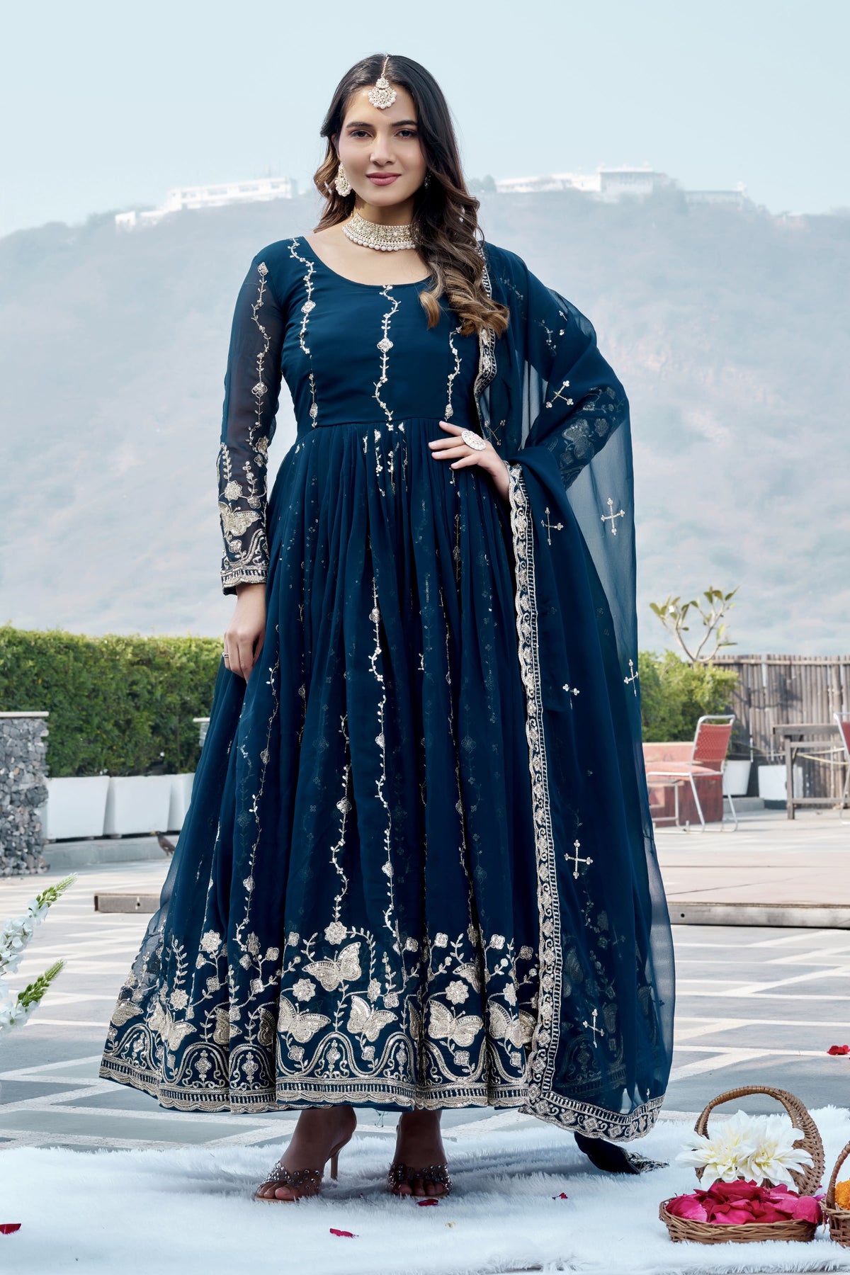 Royal Navy Blue Heavy Sequence Embroidered Long Gown with Matching Dupatta – Designer Festive & Wedding Wear Collection