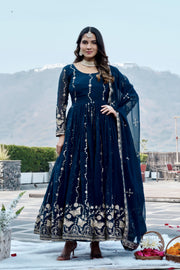 Royal Navy Blue Heavy Sequence Embroidered Long Gown with Matching Dupatta – Designer Festive & Wedding Wear Collection