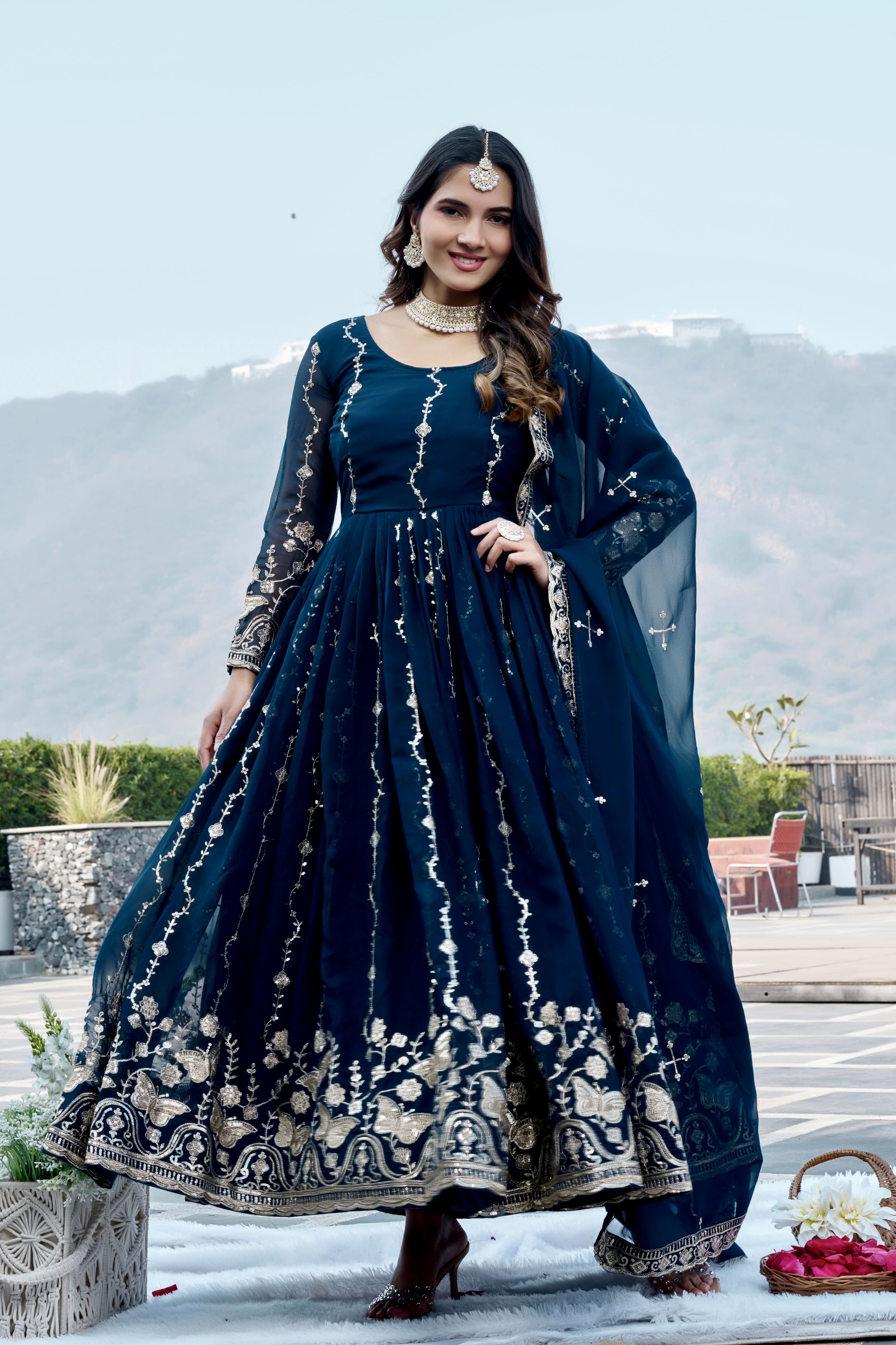 Royal Navy Blue Heavy Sequence Embroidered Long Gown with Matching Dupatta – Designer Festive & Wedding Wear Collection