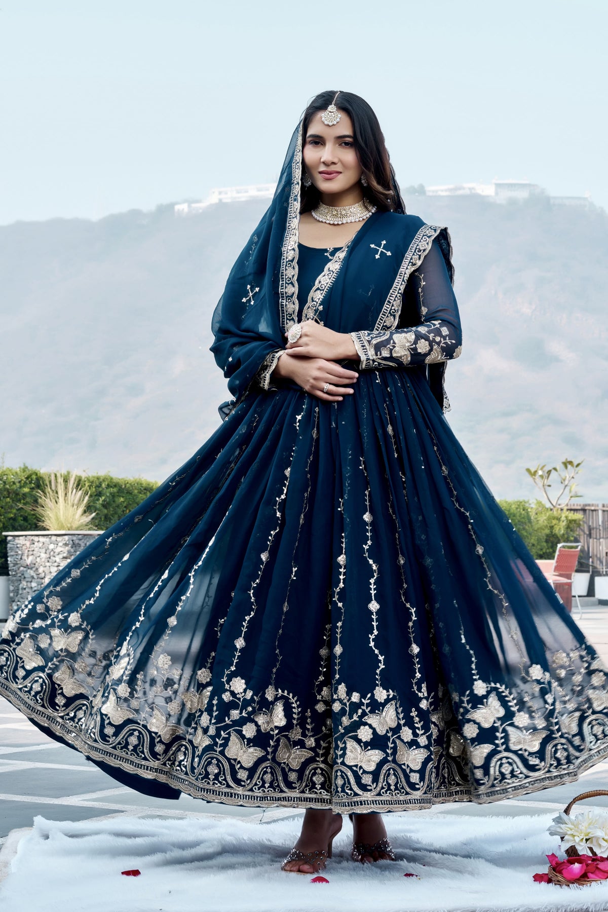 Royal Navy Blue Heavy Sequence Embroidered Long Gown with Matching Dupatta – Designer Festive & Wedding Wear Collection
