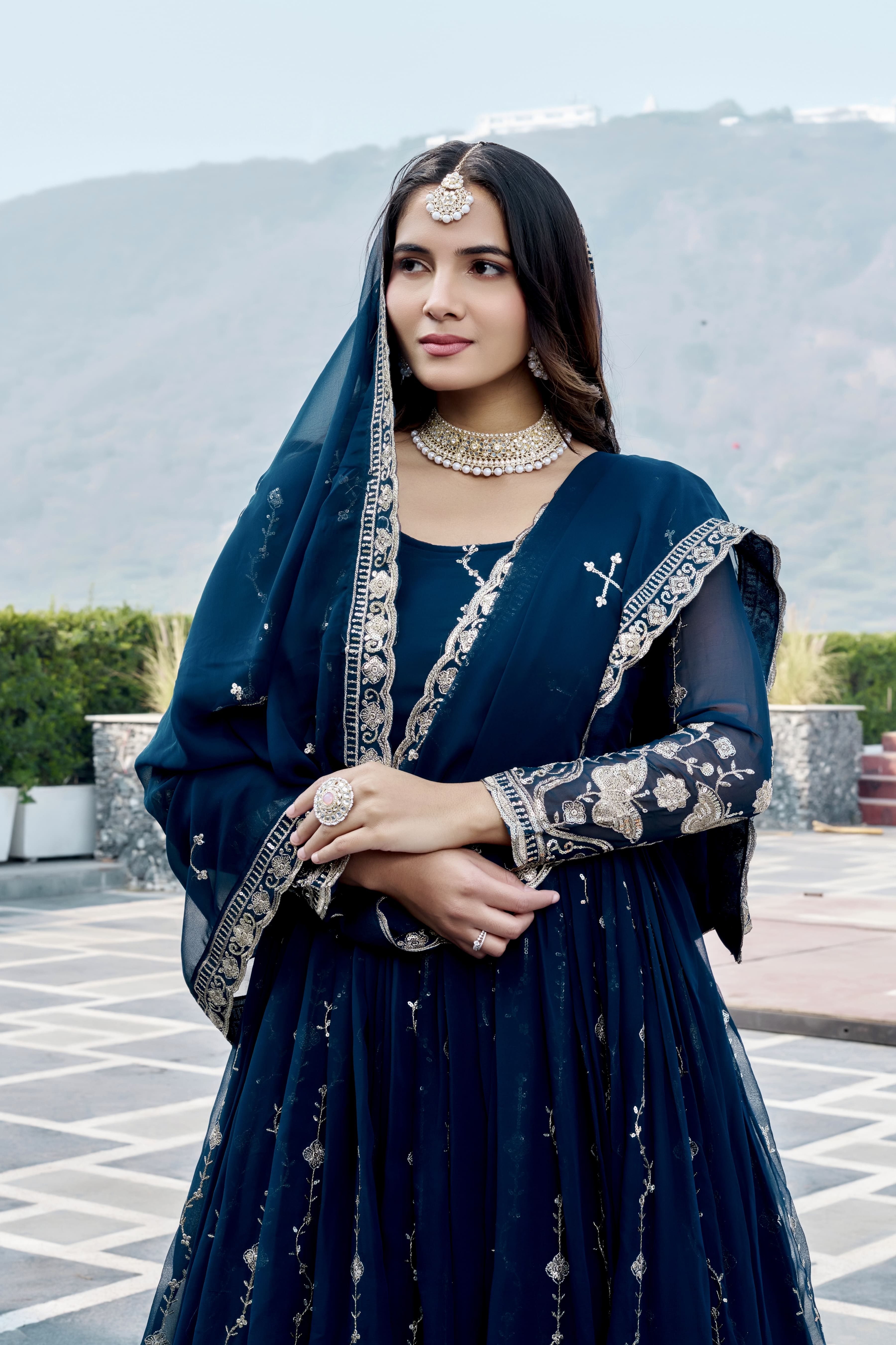Royal Navy Blue Heavy Sequence Embroidered Long Gown with Matching Dupatta – Designer Festive & Wedding Wear Collection