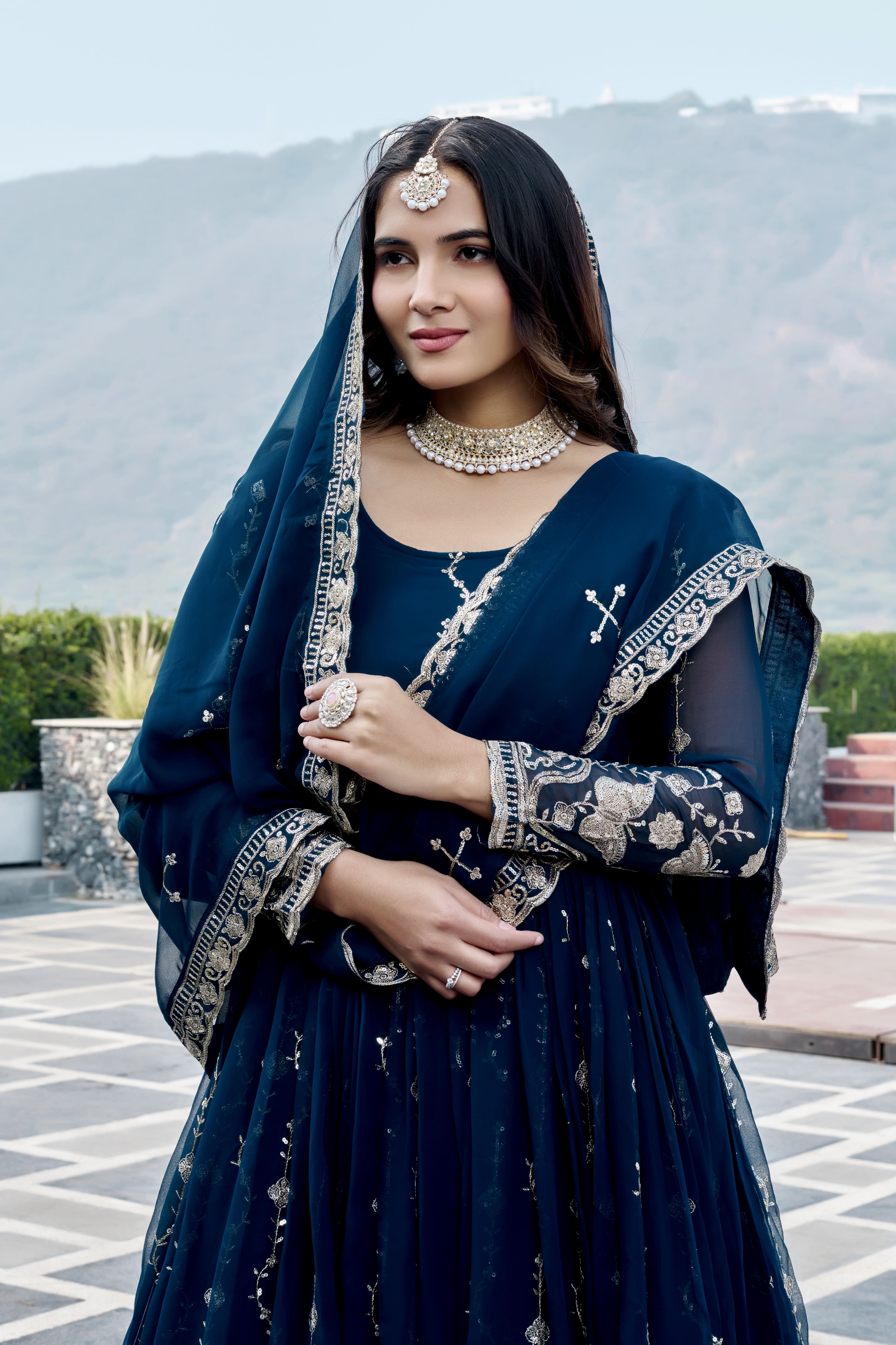 Royal Navy Blue Heavy Sequence Embroidered Long Gown with Matching Dupatta – Designer Festive & Wedding Wear Collection