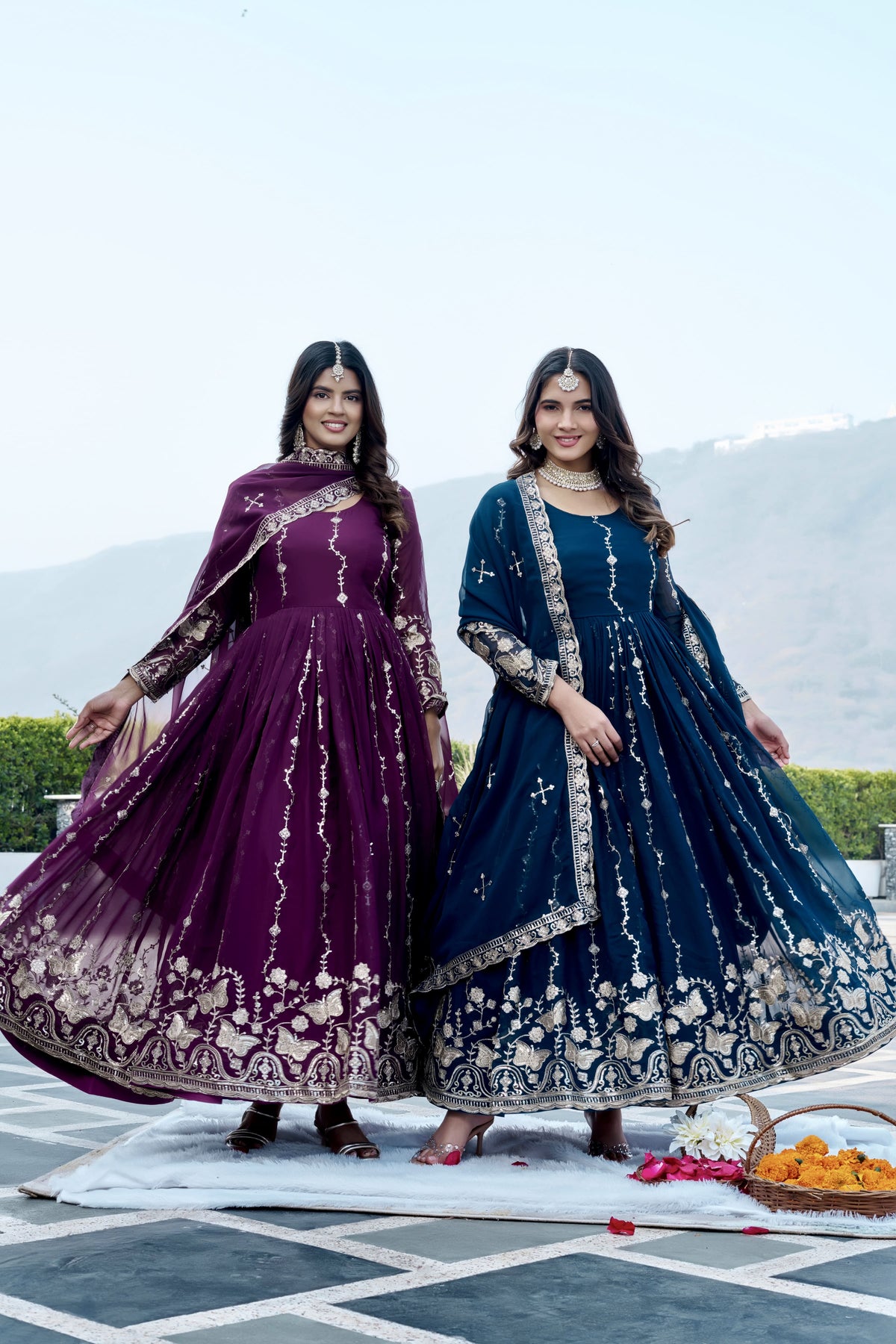 Royal Navy Blue Heavy Sequence Embroidered Long Gown with Matching Dupatta – Designer Festive & Wedding Wear Collection