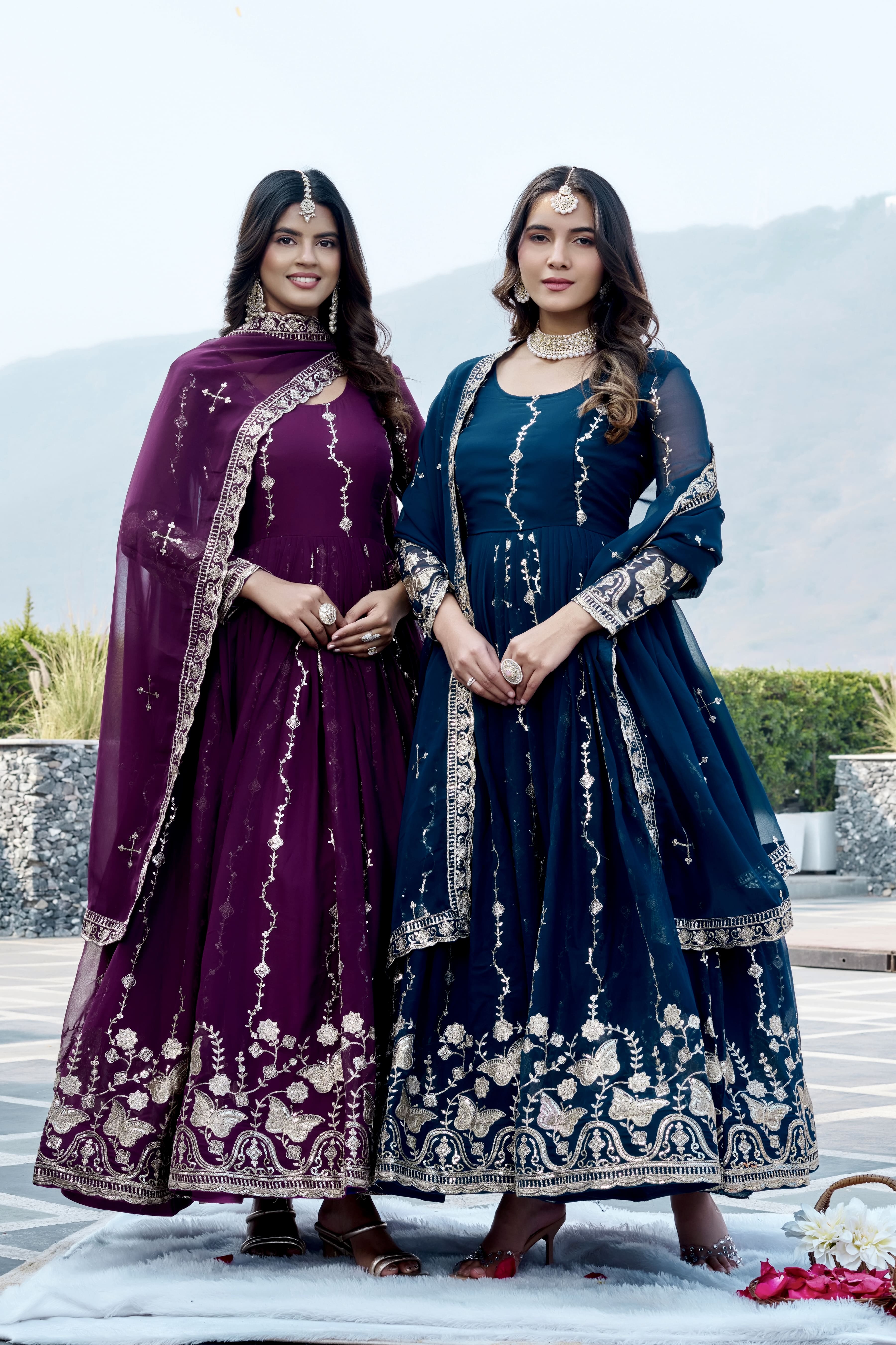Royal Navy Blue Heavy Sequence Embroidered Long Gown with Matching Dupatta – Designer Festive & Wedding Wear Collection