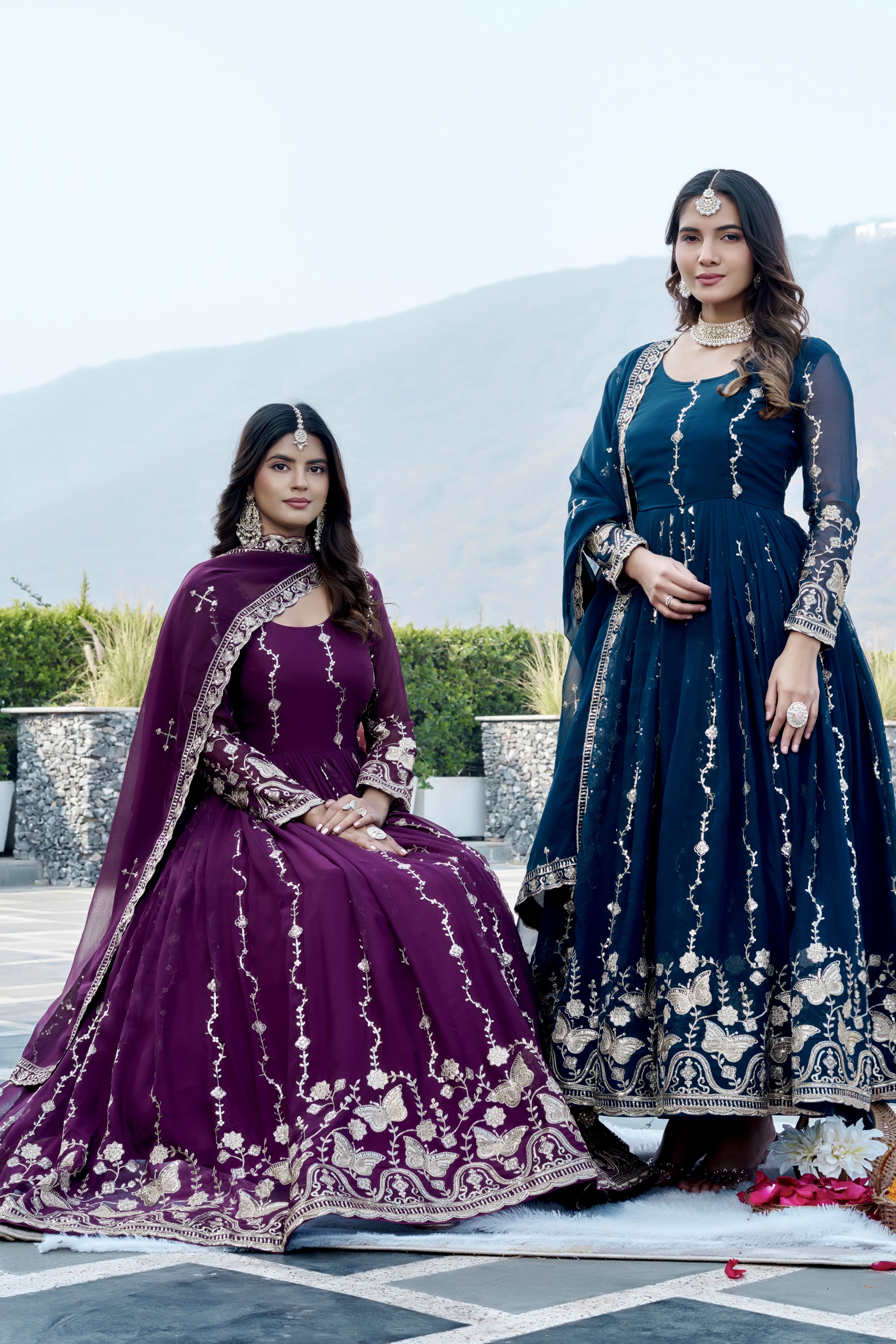 Royal Navy Blue Heavy Sequence Embroidered Long Gown with Matching Dupatta – Designer Festive & Wedding Wear Collection