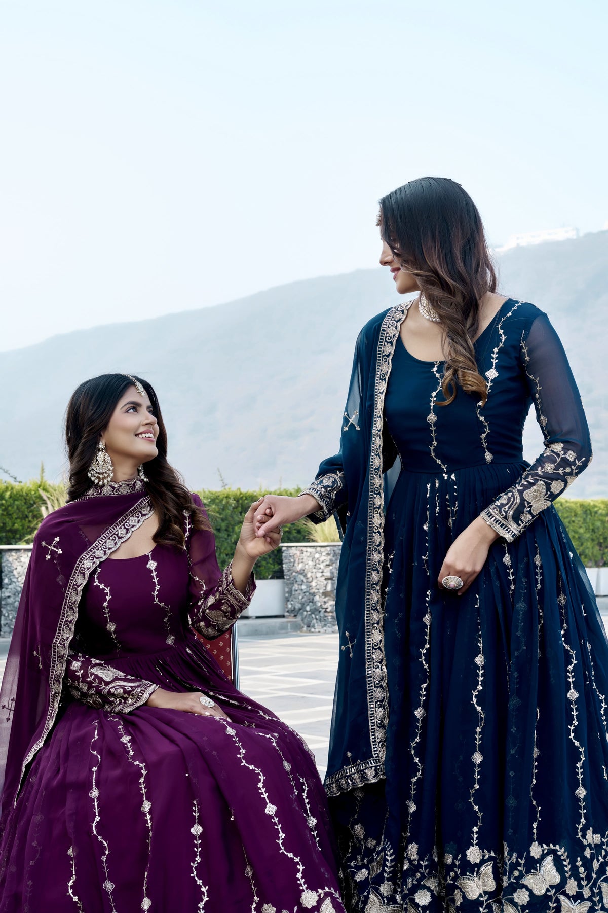 Royal Navy Blue Heavy Sequence Embroidered Long Gown with Matching Dupatta – Designer Festive & Wedding Wear Collection