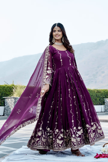 Elegant Wine Purple Heavy Sequence Embroidered Long Anarkali Gown with Designer Dupatta – Premium Festive & Wedding Wear Collection
