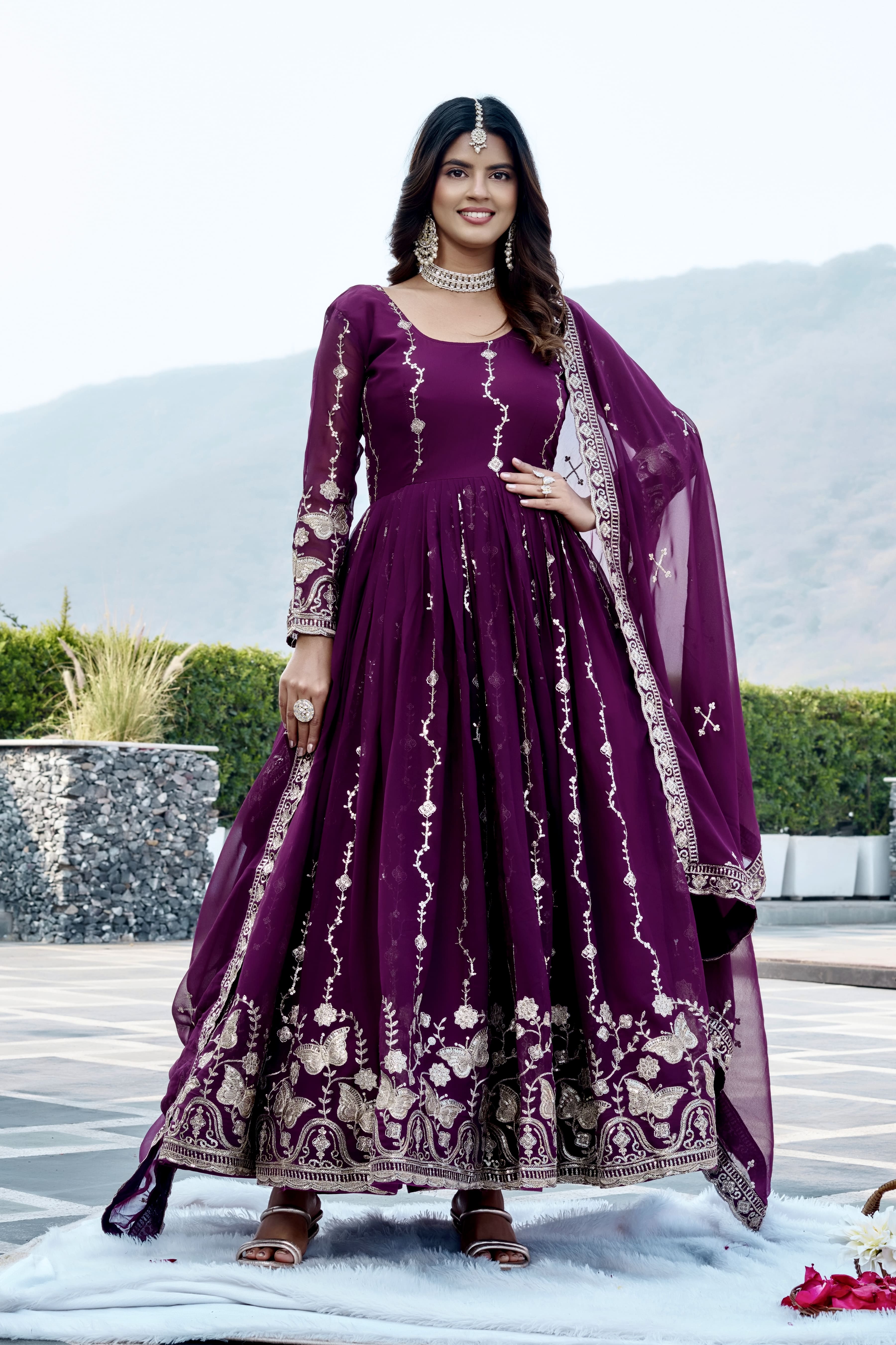Elegant Wine Purple Heavy Sequence Embroidered Long Anarkali Gown with Designer Dupatta – Premium Festive & Wedding Wear Collection