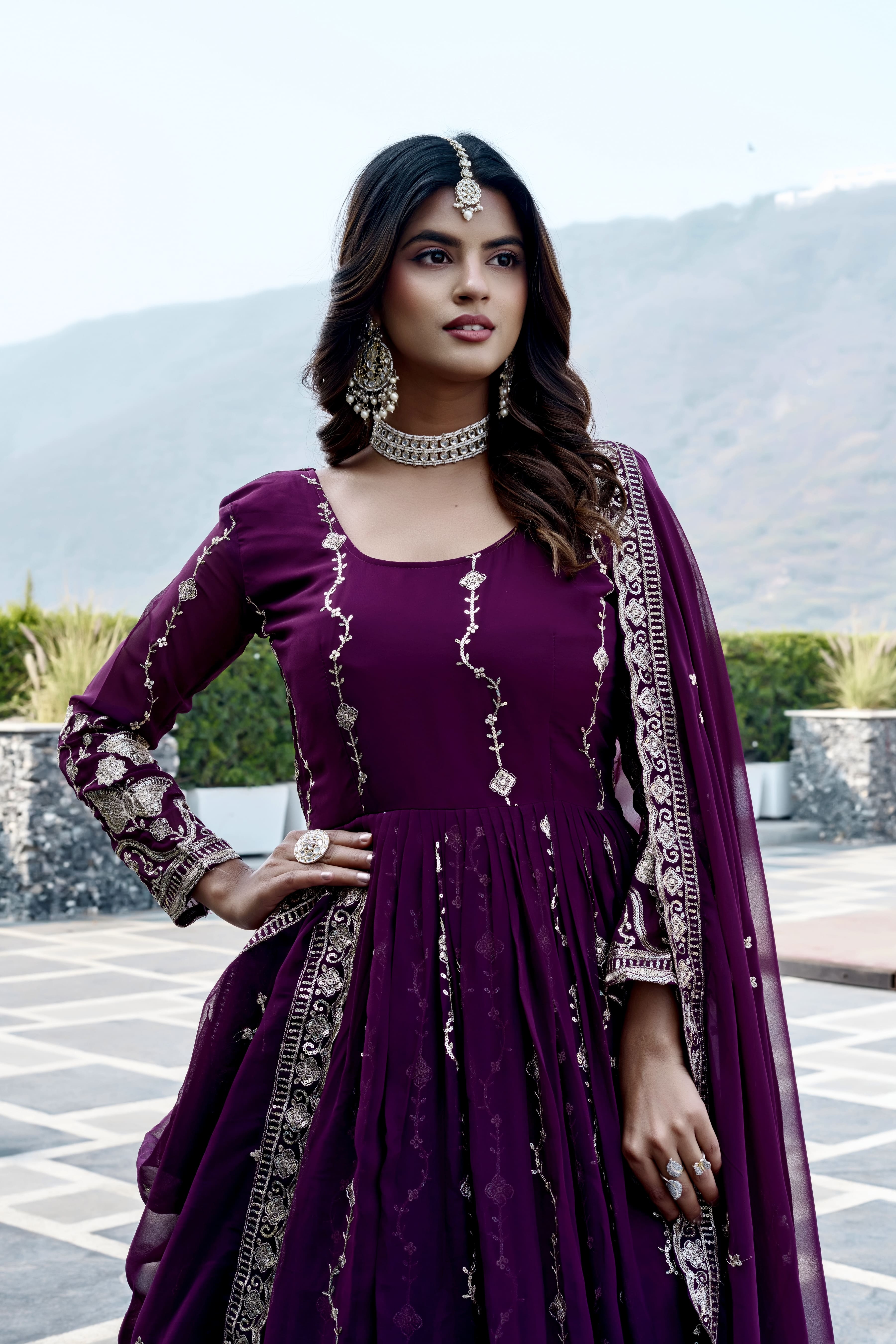Elegant Wine Purple Heavy Sequence Embroidered Long Anarkali Gown with Designer Dupatta – Premium Festive & Wedding Wear Collection