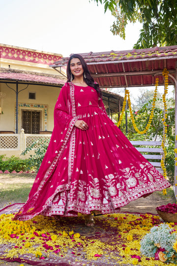 Premium Magenta Pink Heavy 7mm Sequence Embroidered Long Gown with Matching Dupatta – Designer Festive Collection