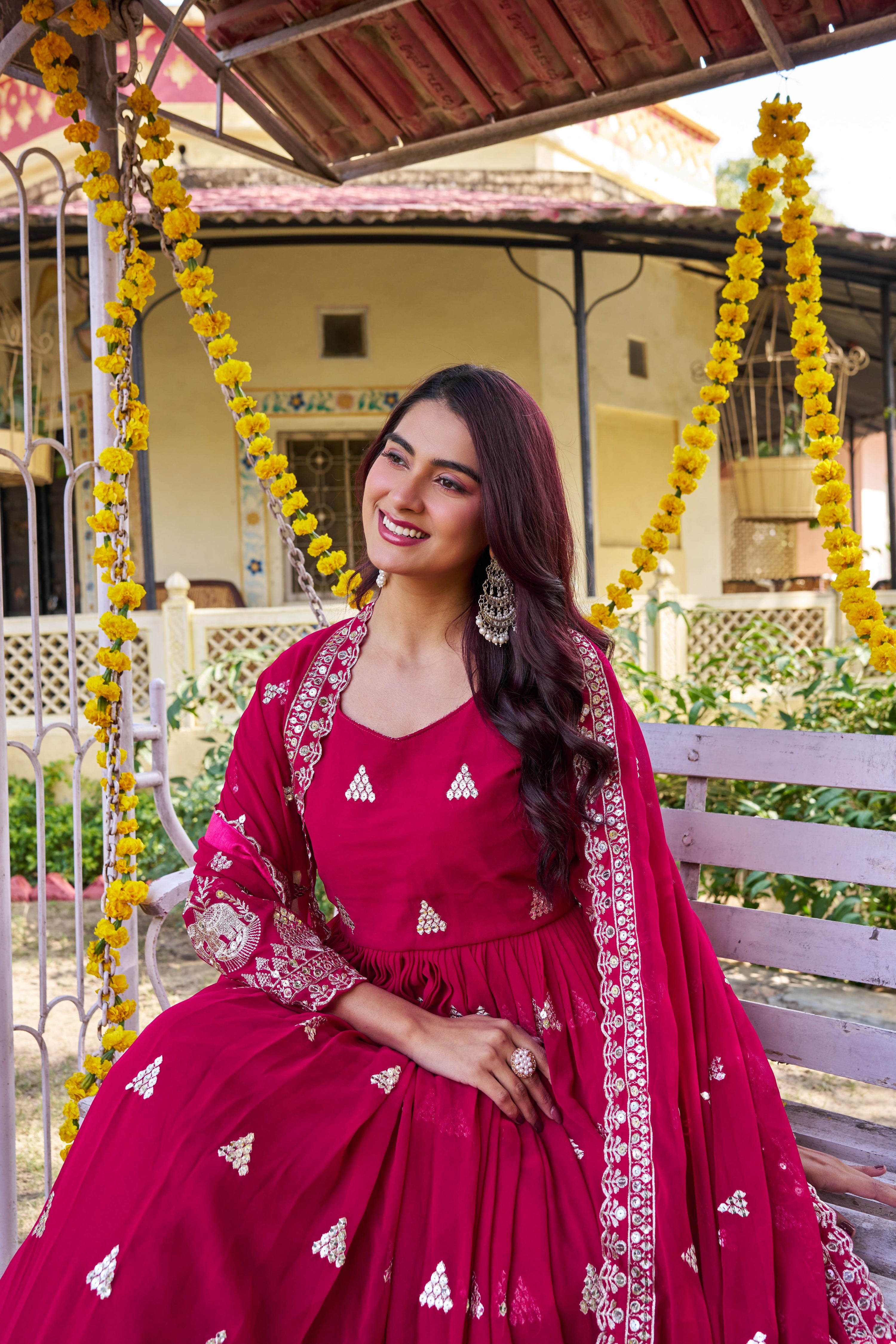 Premium Magenta Pink Heavy 7mm Sequence Embroidered Long Gown with Matching Dupatta – Designer Festive Collection