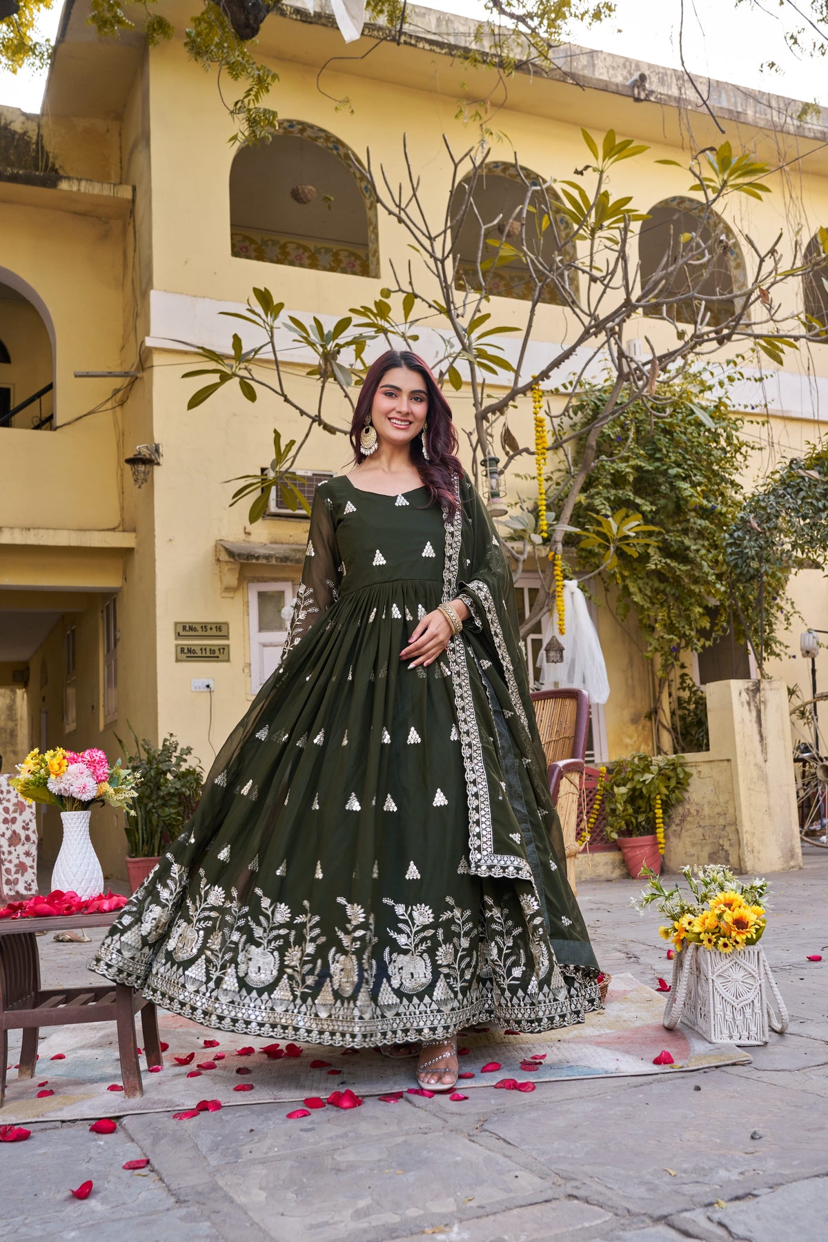Elegant Dark Green Heavy 7mm Sequence Embroidered Long Gown with Matching Dupatta – Premium Festive Wear Collection