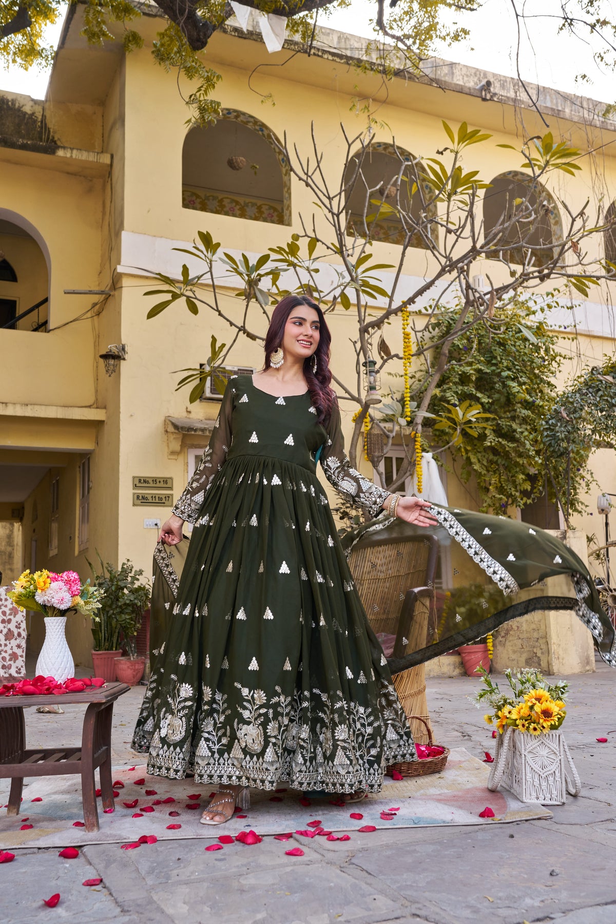 Elegant Dark Green Heavy 7mm Sequence Embroidered Long Gown with Matching Dupatta – Premium Festive Wear Collection