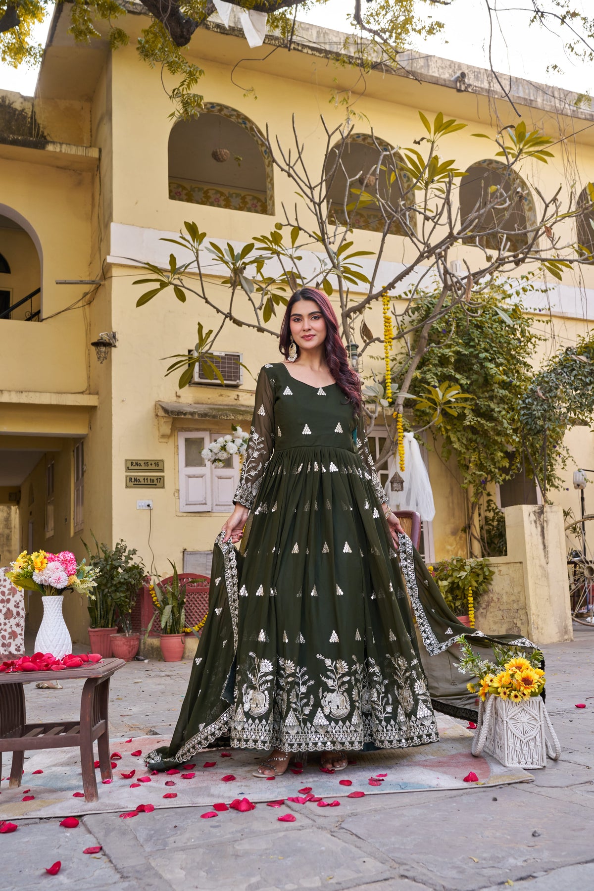 Elegant Dark Green Heavy 7mm Sequence Embroidered Long Gown with Matching Dupatta – Premium Festive Wear Collection