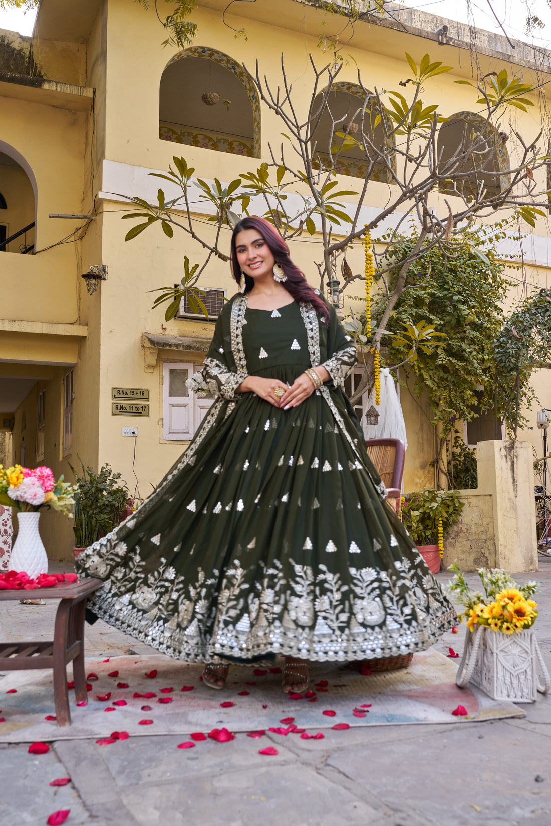 Elegant Dark Green Heavy 7mm Sequence Embroidered Long Gown with Matching Dupatta – Premium Festive Wear Collection