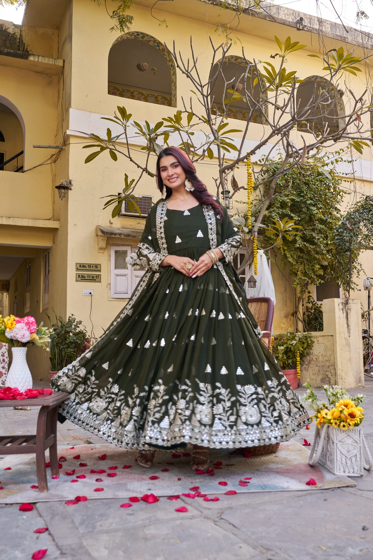 Elegant Dark Green Heavy 7mm Sequence Embroidered Long Gown with Matching Dupatta – Premium Festive Wear Collection