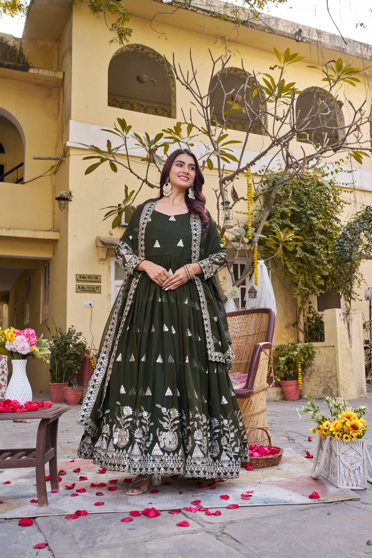 Elegant Dark Green Heavy 7mm Sequence Embroidered Long Gown with Matching Dupatta – Premium Festive Wear Collection