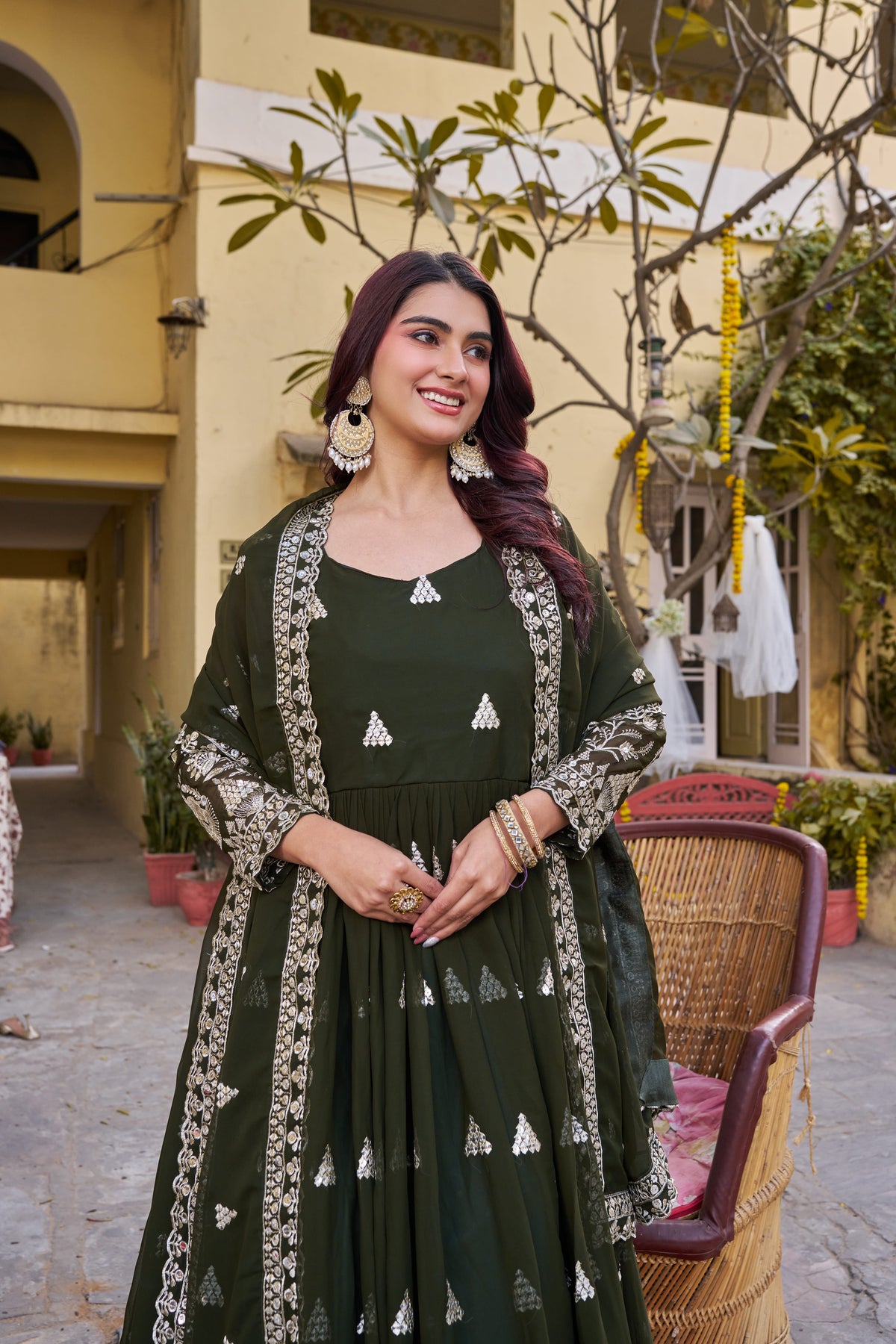 Elegant Dark Green Heavy 7mm Sequence Embroidered Long Gown with Matching Dupatta – Premium Festive Wear Collection