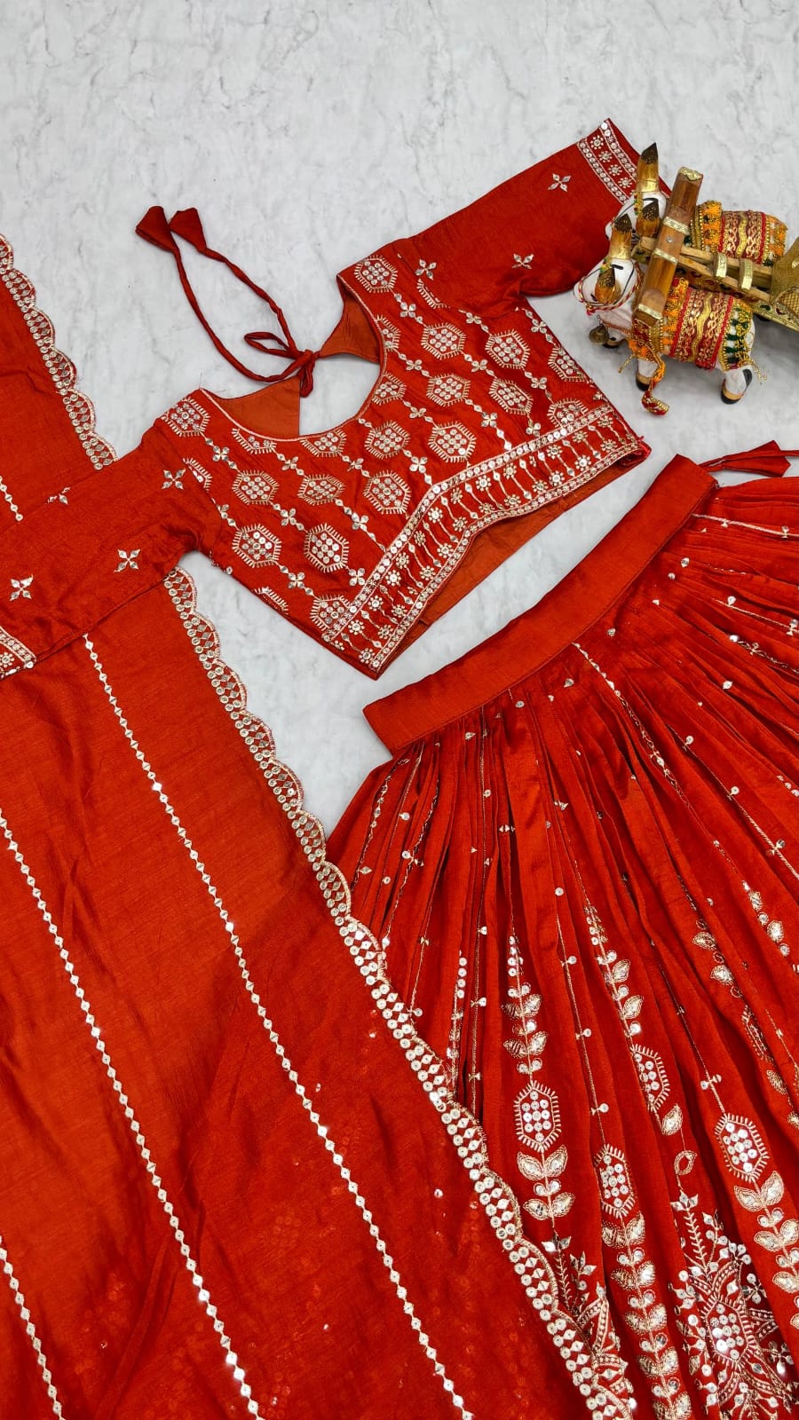 Rust Orange Designer Lehenga Choli with Heavy 7mm Sequin Embroidery & Embellished Dupatta