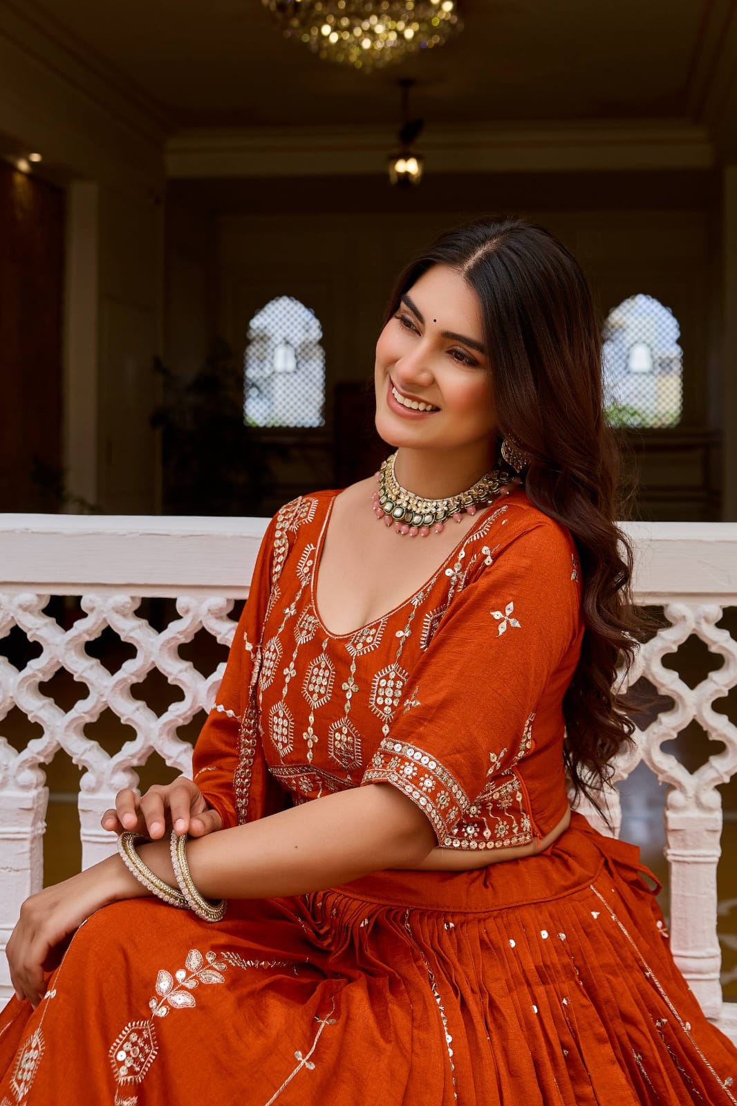 Rust Orange Designer Lehenga Choli with Heavy 7mm Sequin Embroidery & Embellished Dupatta