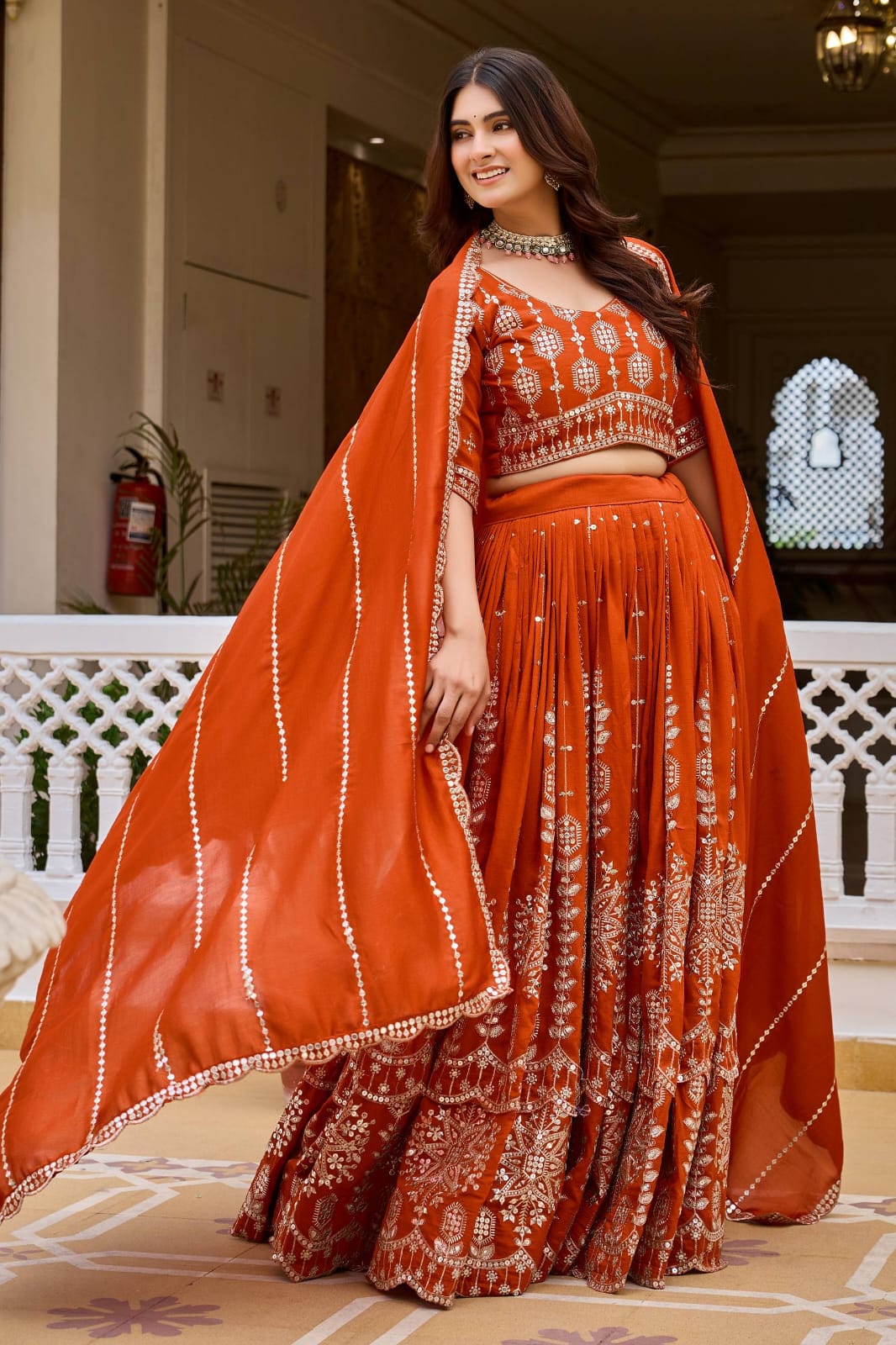 Rust Orange Designer Lehenga Choli with Heavy 7mm Sequin Embroidery & Embellished Dupatta