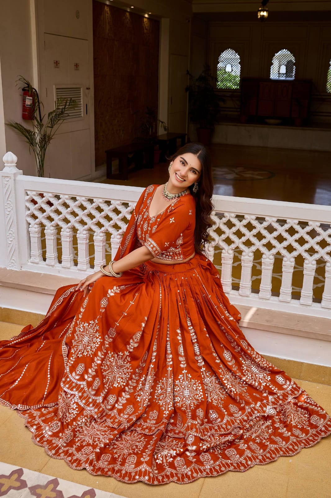 Rust Orange Designer Lehenga Choli with Heavy 7mm Sequin Embroidery & Embellished Dupatta
