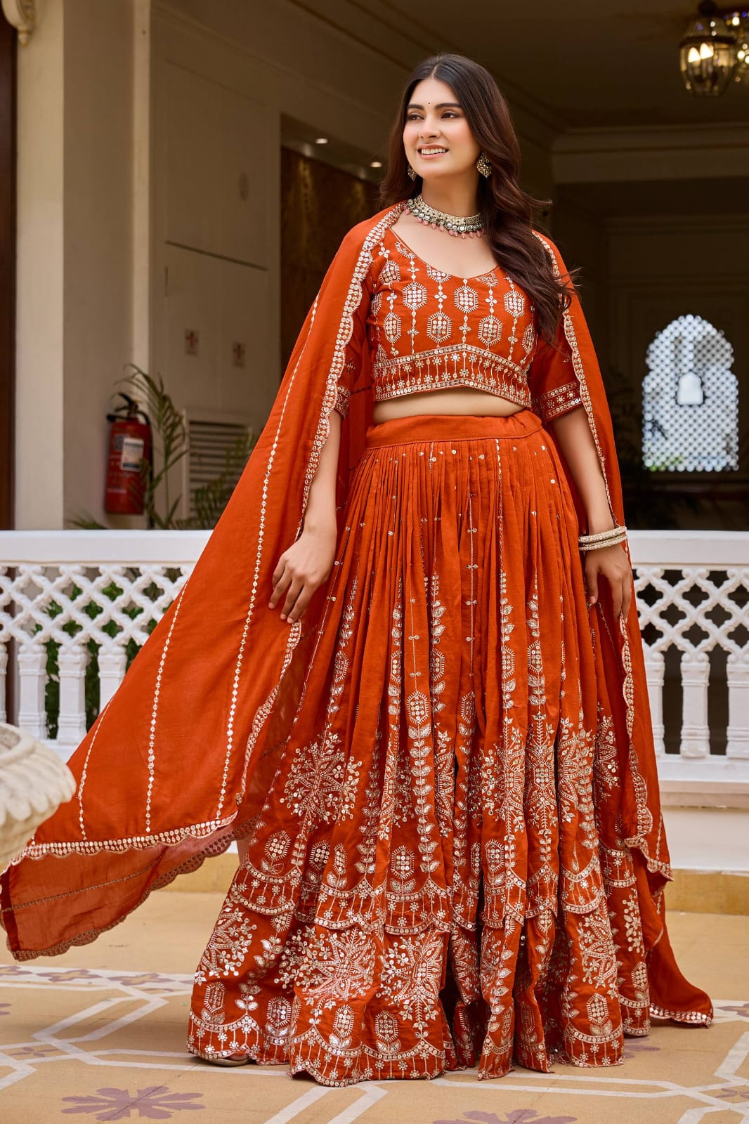 Rust Orange Designer Lehenga Choli with Heavy 7mm Sequin Embroidery & Embellished Dupatta
