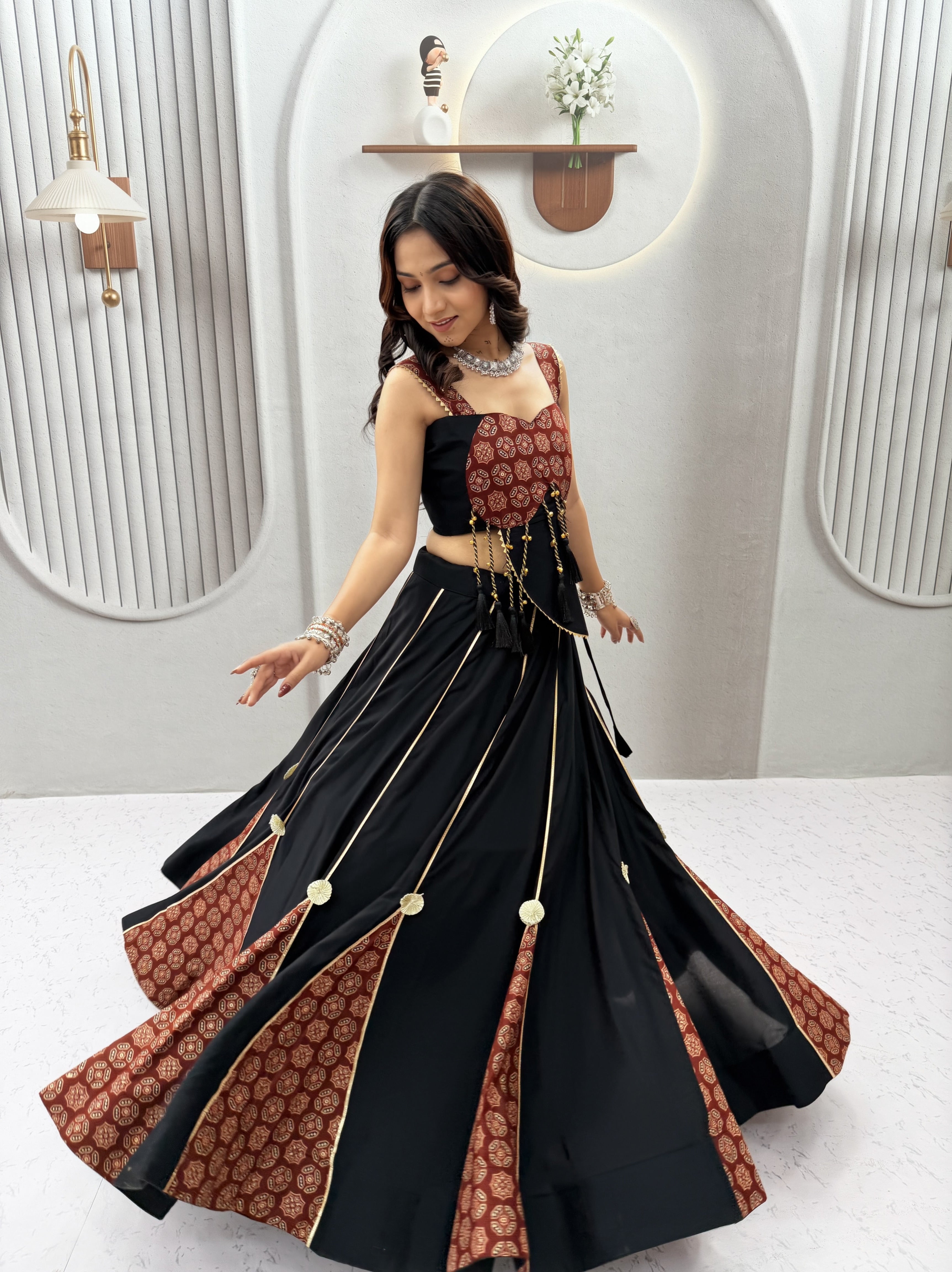 Navratri Special Designer Ajrakh Print Lehenga Choli with Heavy Hand Latkan & 6 Meter Flair