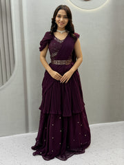 Wine Purple Designer Lehenga Choli with Hand Mirror Work, Thread Embroidery & Attached Dupatta