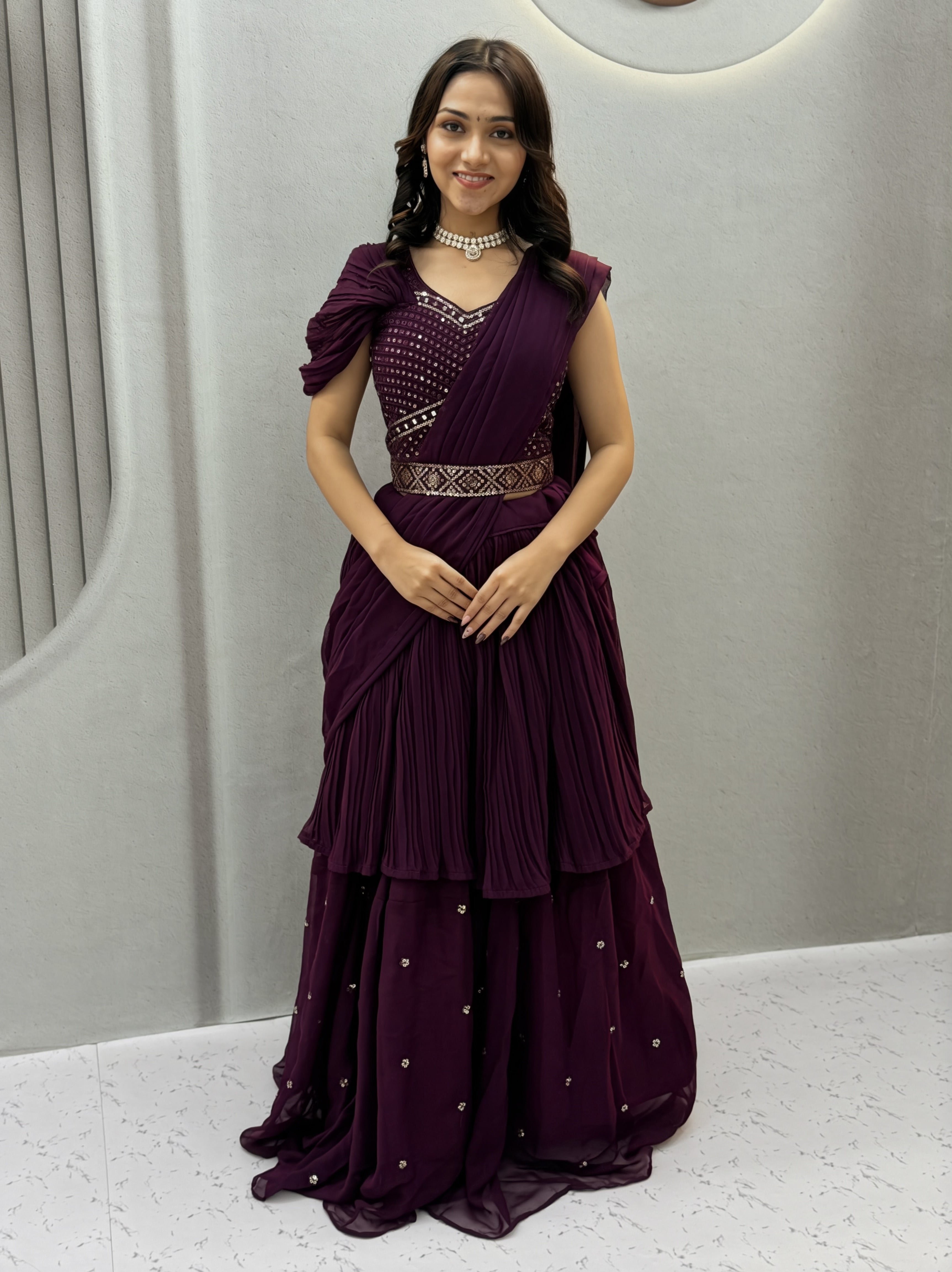 Wine Purple Designer Lehenga Choli with Hand Mirror Work, Thread Embroidery & Attached Dupatta