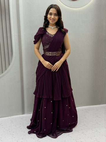 Wine Purple Designer Lehenga Choli with Hand Mirror Work, Thread Embroidery & Attached Dupatta