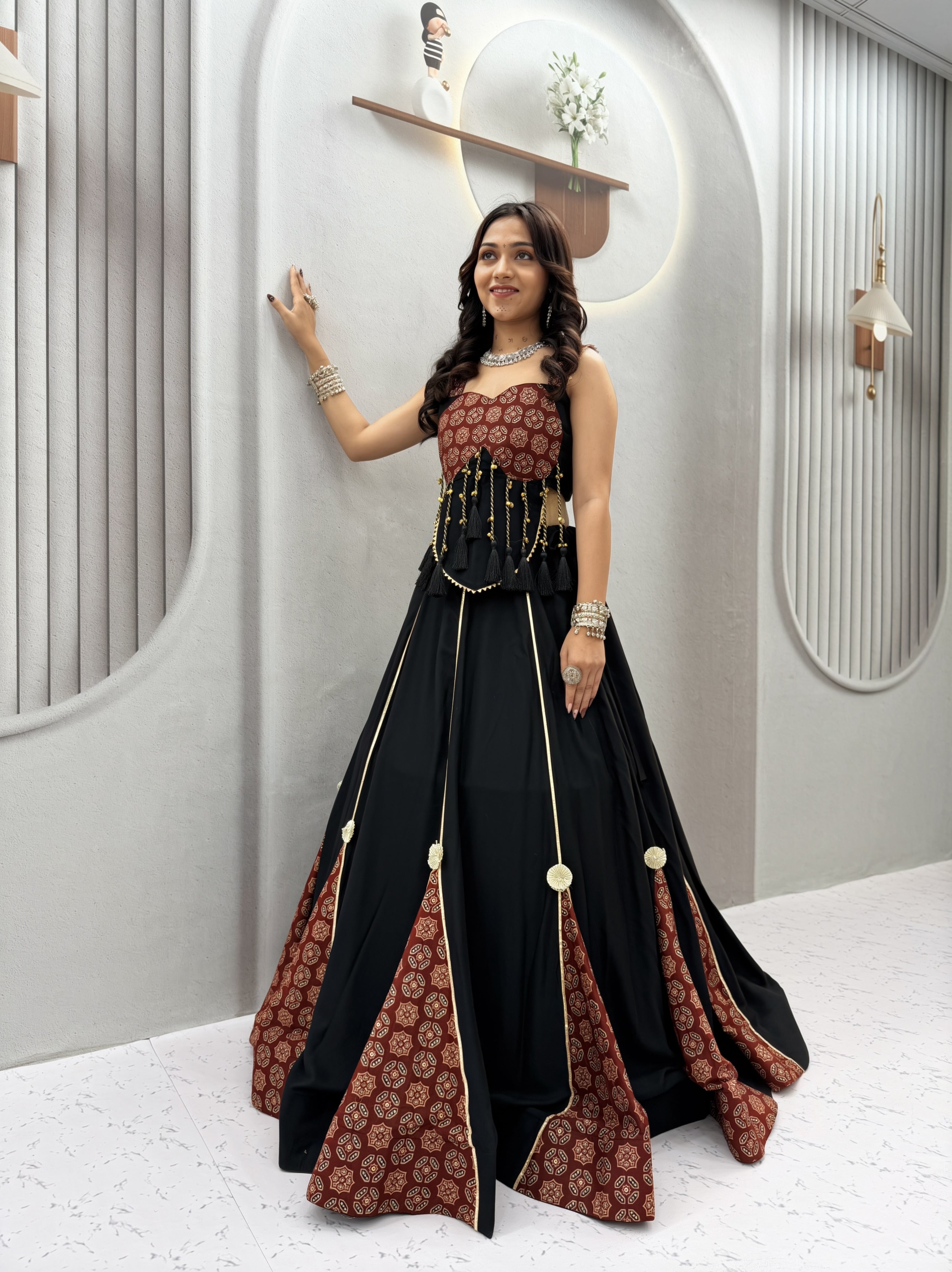 Navratri Special Designer Ajrakh Print Lehenga Choli with Heavy Hand Latkan & 6 Meter Flair