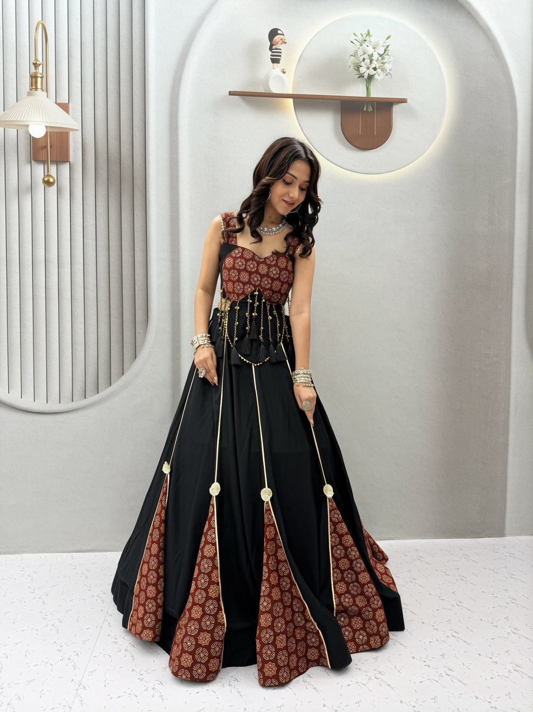 Navratri Special Designer Ajrakh Print Lehenga Choli with Heavy Hand Latkan & 6 Meter Flair